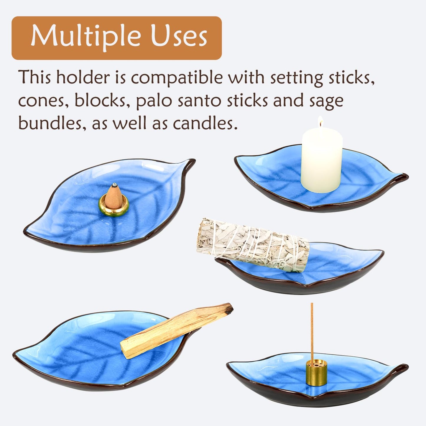 Incense Holder for Sticks (9 Holes) and Cones, Handmade Ceramic Incense Ash Catcher for Meditation, Yoga, SPA Days, Relaxing, Home Decor, Candle Holder, Easy to Clean, Leaf-Shape (Blue) BST220