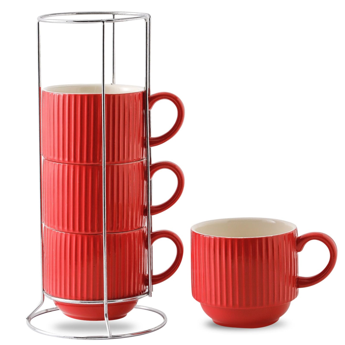 HASENSE 15 oz Ribbed Stackable Coffee Mug Set of 4, Porcelain Latte Cups with Metal Rack, Dishwasher & Microwave Safe, Cappuccino Tea Hot Cocoa, White BST220