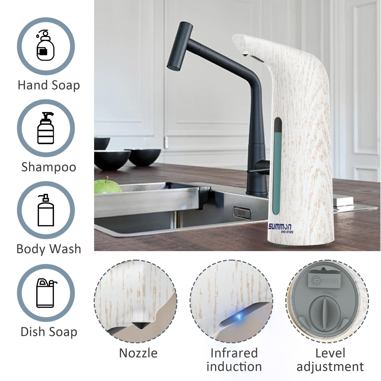 Automatic Soap Dispenser Touchless,400ML Hand & Dish Countertop Electric Liquid Dispenser with Sensor,Modern 4 Gear Adjustable Black Waterproof Battery Operated Kitchen Auto Soap Pump WN420