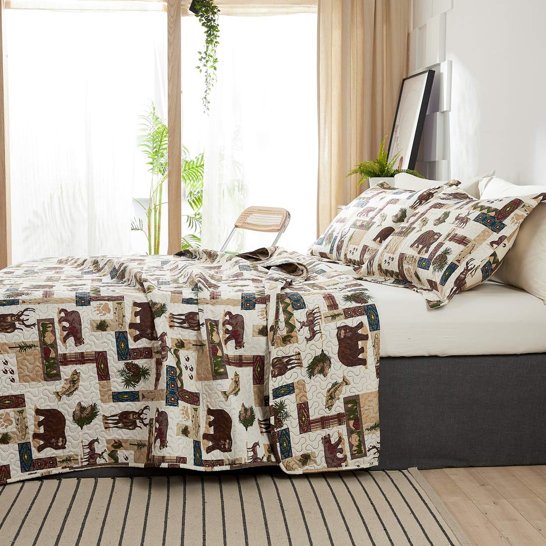 Rustic Moose Quilt Set King Size Lodge Quilt Lightweight Summer Cabin Bedspread Country Bedding Forest Bear Fish Pine Coverlet Daybed Cover Blanket Woodland Home Decor-Brown White BST220
