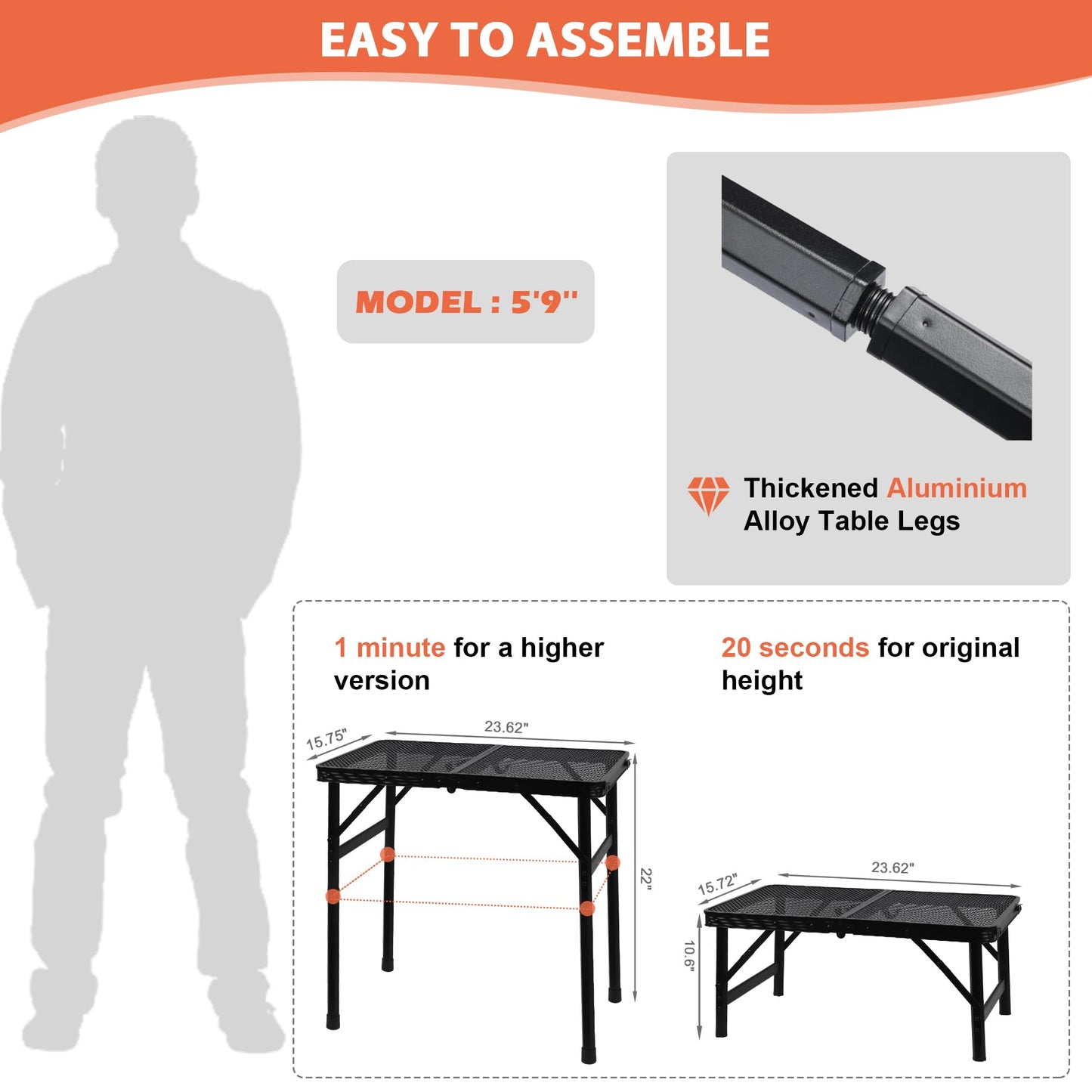 GREGIN Camping Table with Mesh Desktop, Lightweight & Portable Folding Grill Table N27