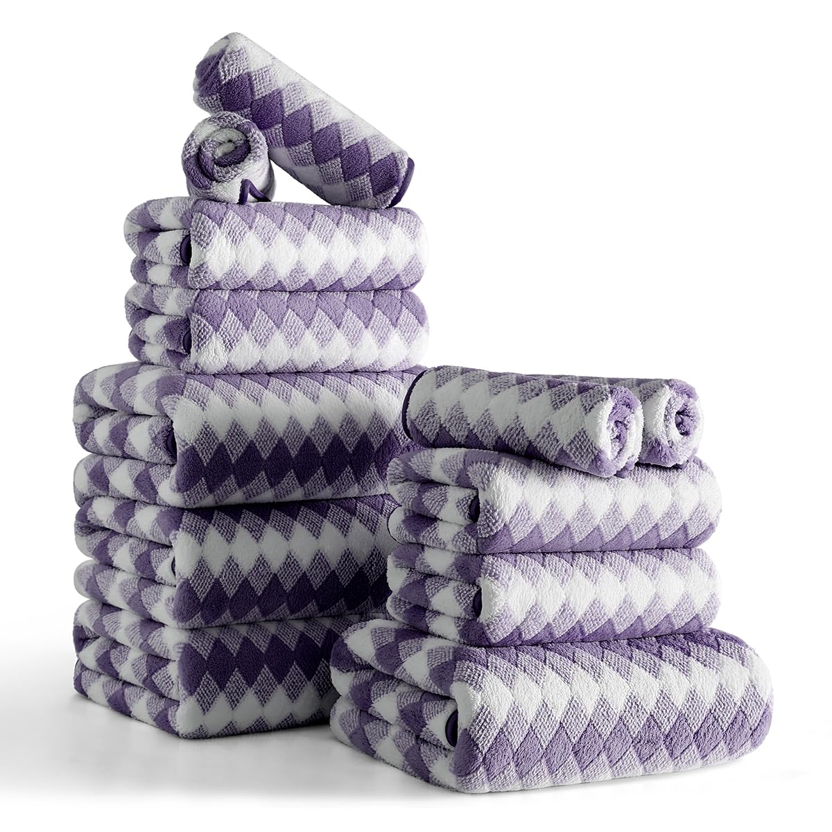 12 Pcs Light Gray Diamond Towel Set-4 Bath Towels,4 Hand Towels,4 Washcloths Soft Polyester Towels with Loop Absorbent Shower Towel Quick Dry Beach Chair Towel Family Towels for Bathroom Spa Gym Pool BST220