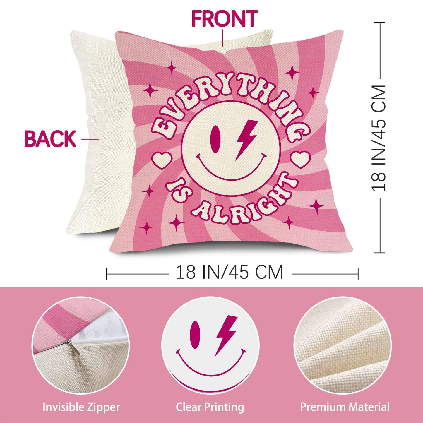 Groovy Smiling Face Inspirational Decorative Throw Pillow Covers | 20 x 20 Set of 4, Pink Hippie Smile Flower Porch Outdoor Home Decor, Motivational Quote Everything is Alright Couch Cushion BST202