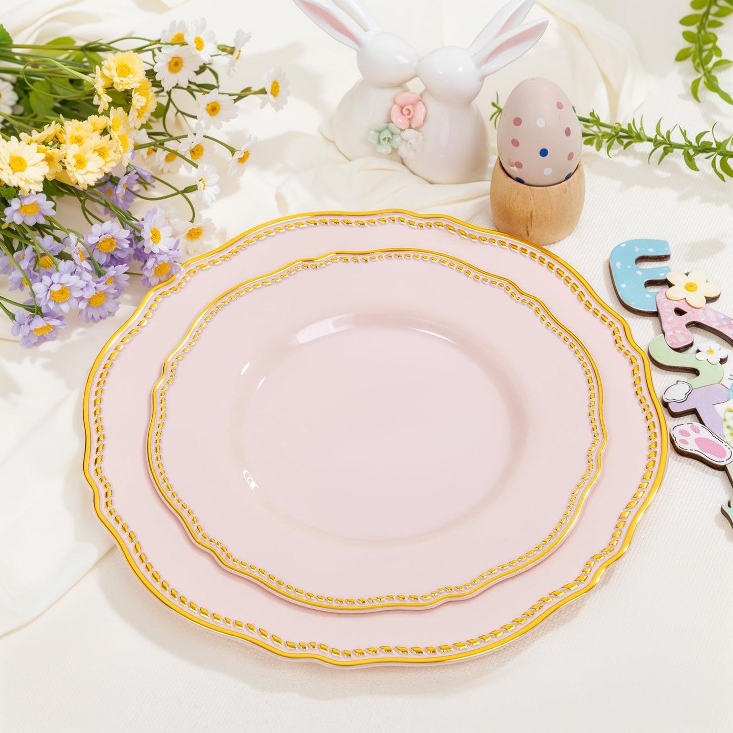 Hioasis 60pcs Pink Plastic Plates - Pink and Gold Disposable Dinnerware with Gold Rim N26