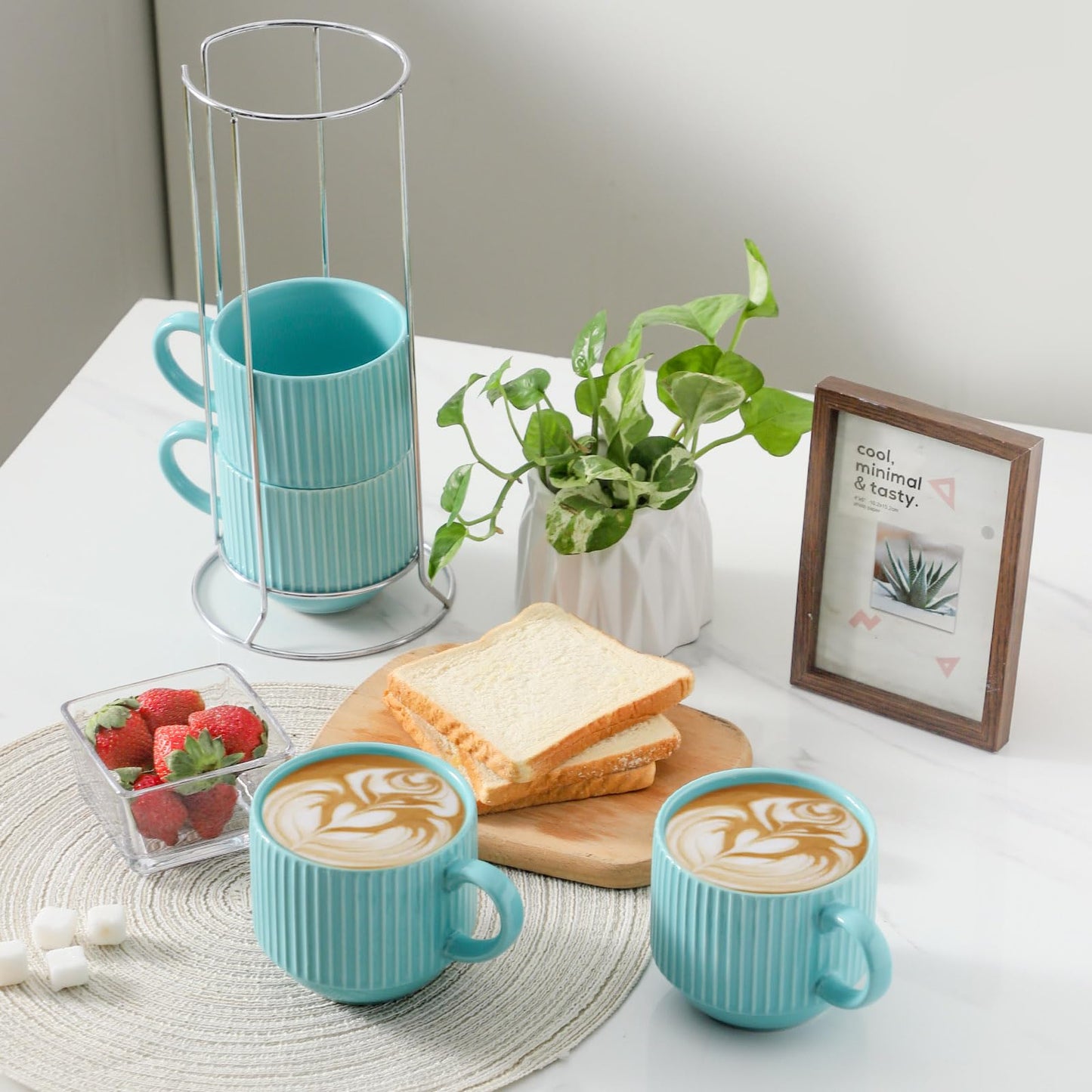 HASENSE 15 oz Ribbed Stackable Coffee Mug Set of 4, Porcelain Latte Cups with Metal Rack, Dishwasher & Microwave Safe, Cappuccino Tea Hot Cocoa, White BST220