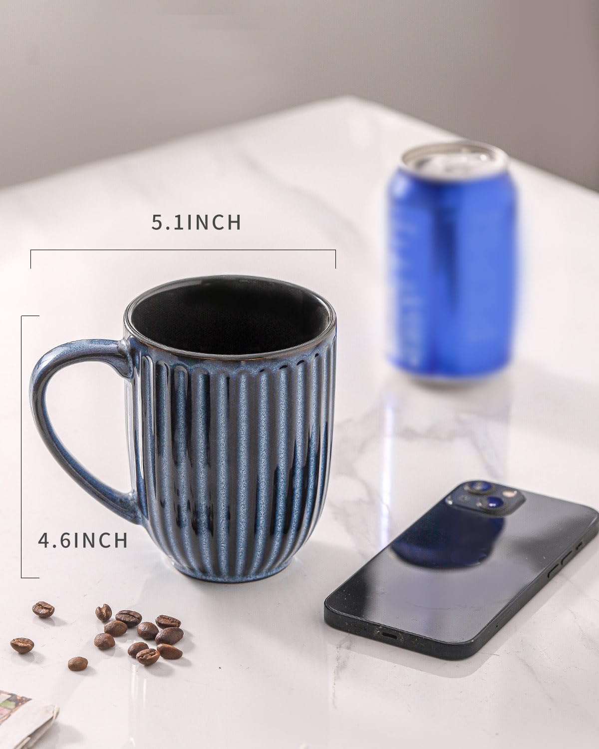 HASENSE Textured Large Coffee Mugs Set of 4, 16 Oz Ribbed Ceramic Cups with Large Handle for Latte Tea Cappuccino, Stackable Embossed Mug Set for Mom Dad, Microwave Dishwasher Safe, Creamy White BST220