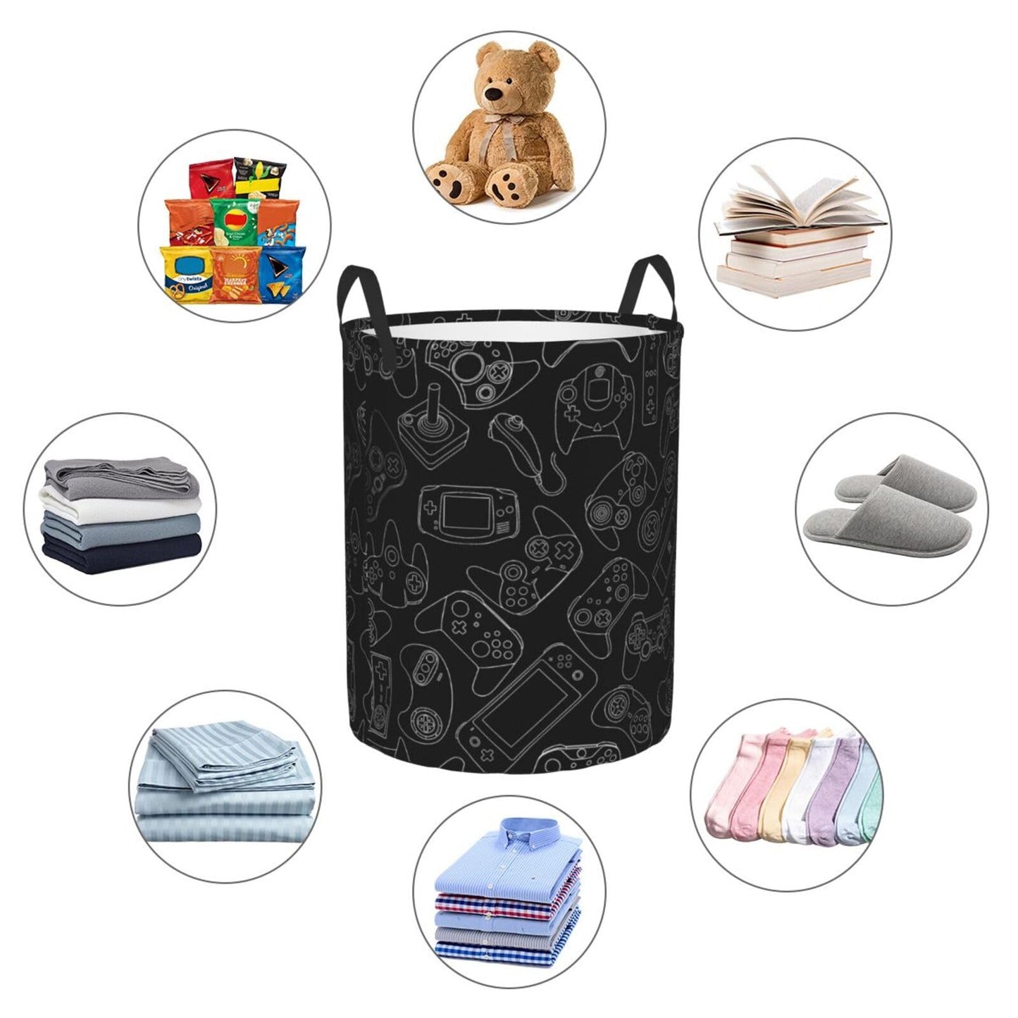 38L Round Laundry Hamper Video Game Controller Background Storage Basket Waterproof Coating Gaming Gadgets Organizer Bin For Nursery Clothes Toys BST202