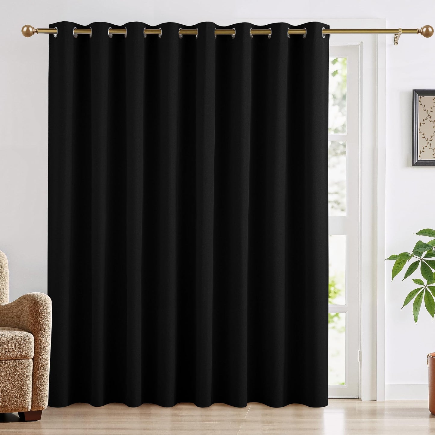 RYB HOME 100% Blackout Curtain for Sliding Glass Doors, Extra Wide Thermal Insulated Privacy Linen Curtains for Bedroom/Patio Door/Living Room/Open Closet, Room Divider, Black, W100xL108, 1 Panel BST220