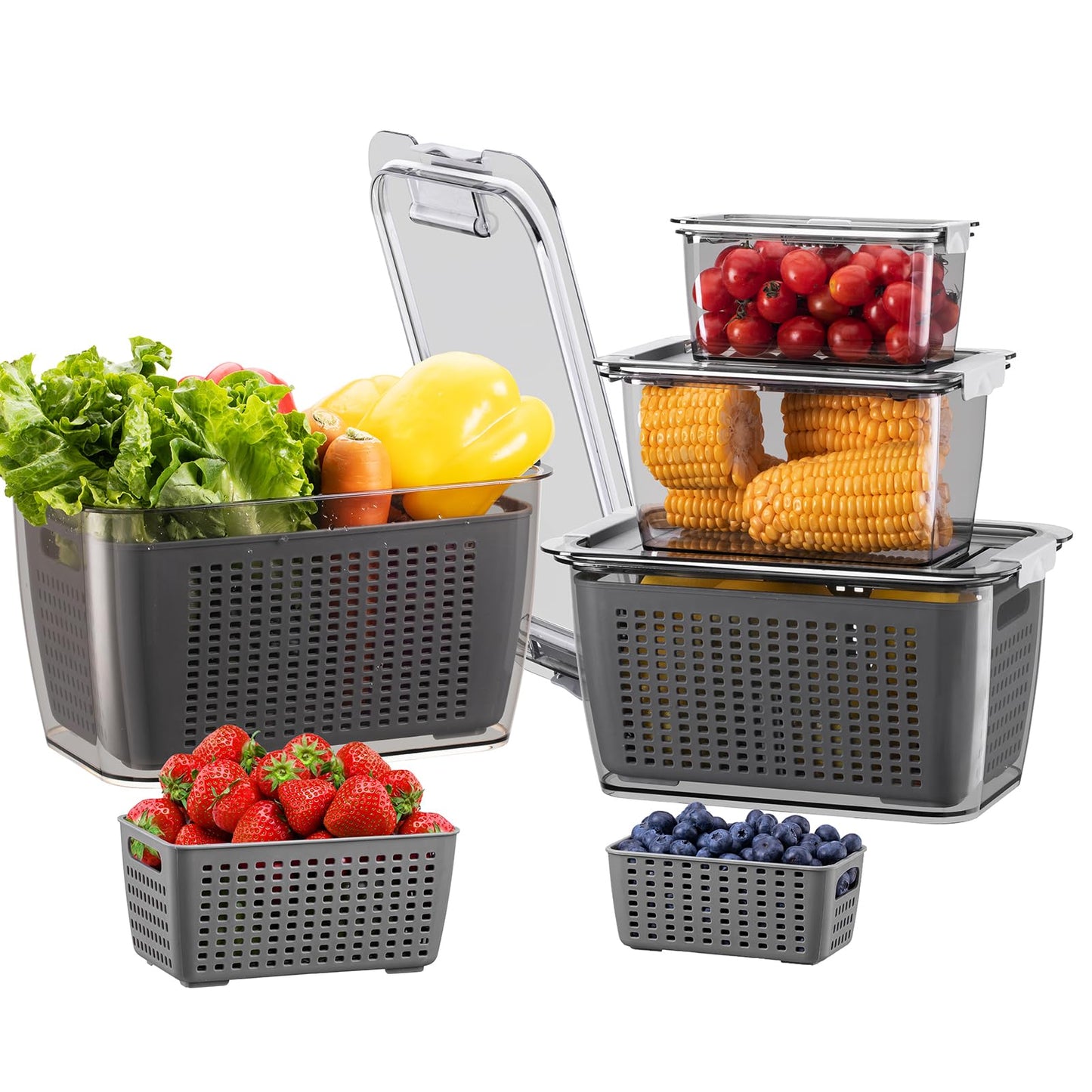 LUXEAR 4 Pack Fruit Vegetable Containers for Fridge, Produce Saver Container with Lids &Removable Colander BPA-free Refrigerator Storage Organizer for Fruit Vegetable, Berry, Meat keep Fresh Longer DD1210