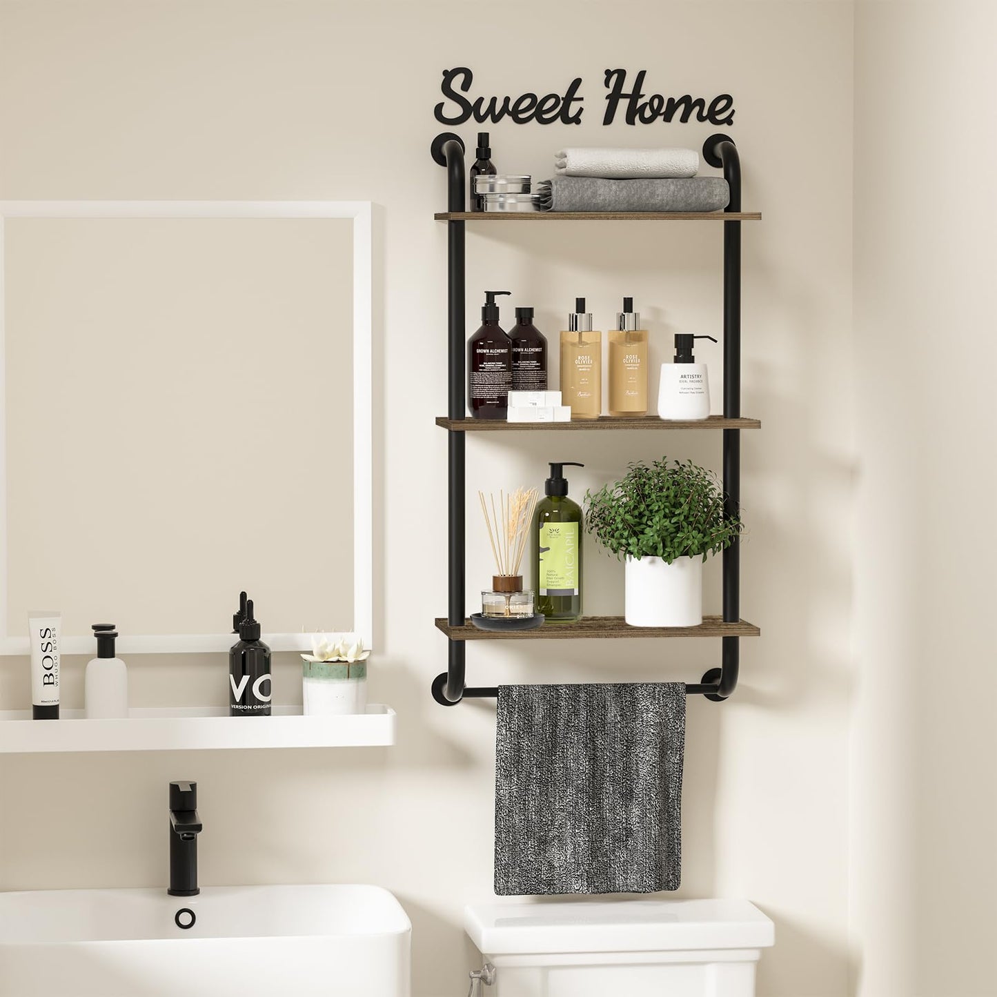 Tinpin Bathroom Shelves Wall Mounted, Rustic Farmhouse Pipe Shelves, Walls Shelf 3-Tier, Industrial Pipe Shelving, Floating Shelf Wall Decor for Bathroom, Kitchen, Bedroom, Living Room 17.3in Black DD1210