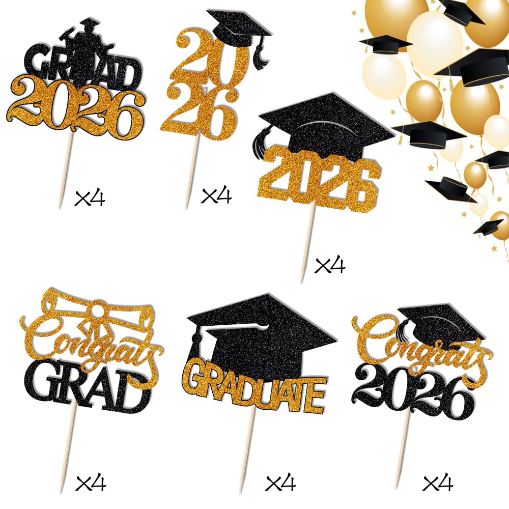 24Pcs Graduation Cupcake Topper, Glitter Class of 2026 Cupcake Topper Supplies for 2026 Congrats Grad Cap Diploma Cake Decor Graduate Celebration Party Cake Decorations Supplies (Black - 24) BST326L