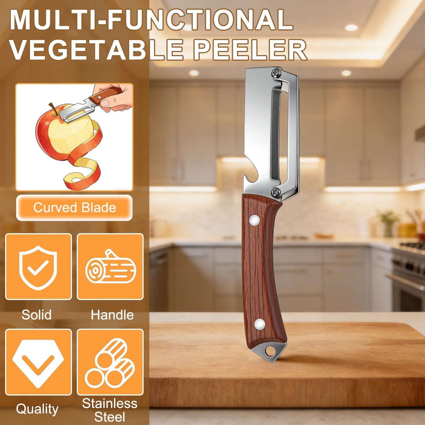 2PCS Premium Vegetable Peeler with Wooden Handle and Bottle Opener,Multifunctional 2-in-1 Stainless Steel Kitchen Tool for Potato Fruit Pineapple Pumpkin Papaya Carrot Vegetable Peeler(Mix) BST326H