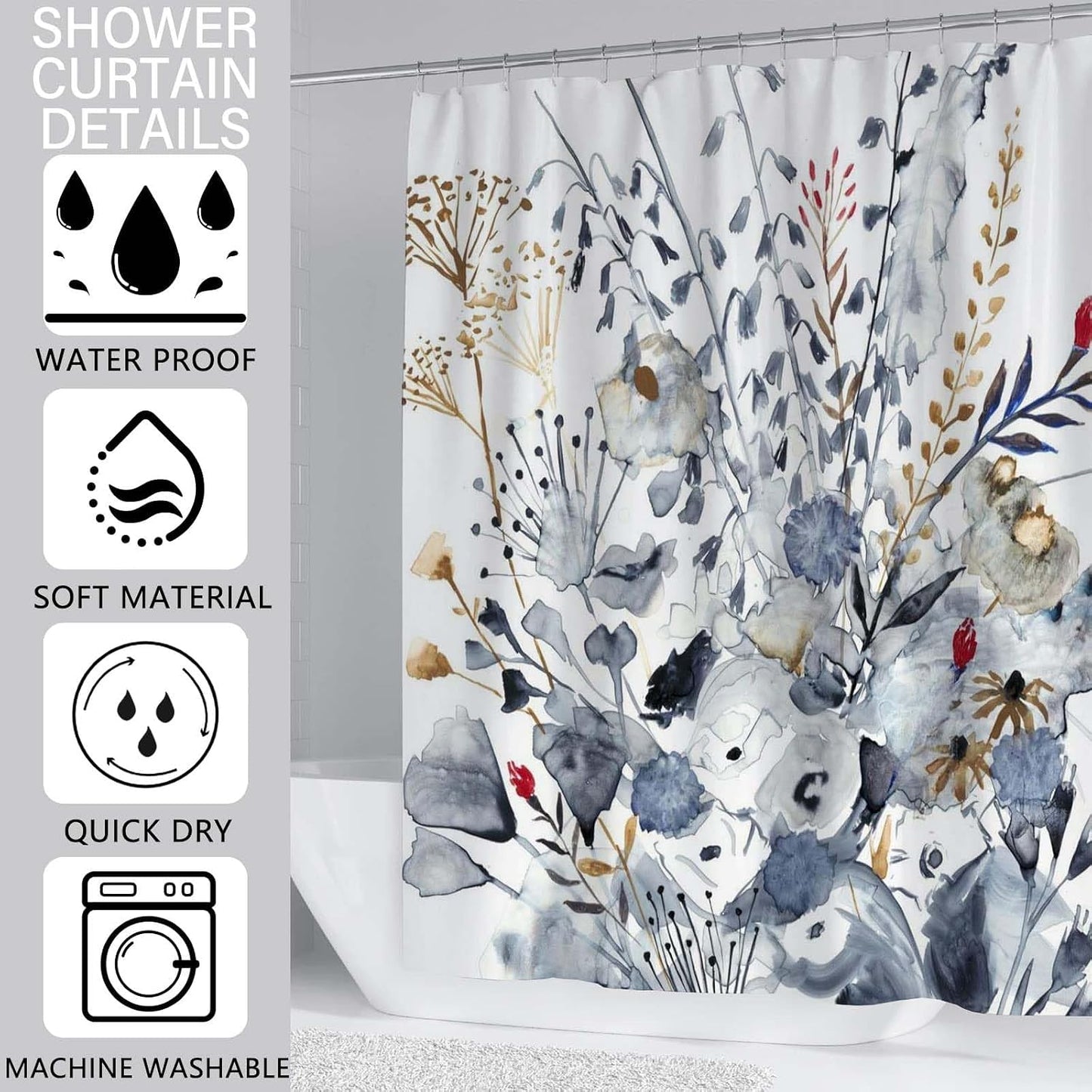 Floral Shower Curtain (72” x 72”), Polyester Fabric Printed Shower Curtain Set for Bathroom with Hooks（01） BST202
