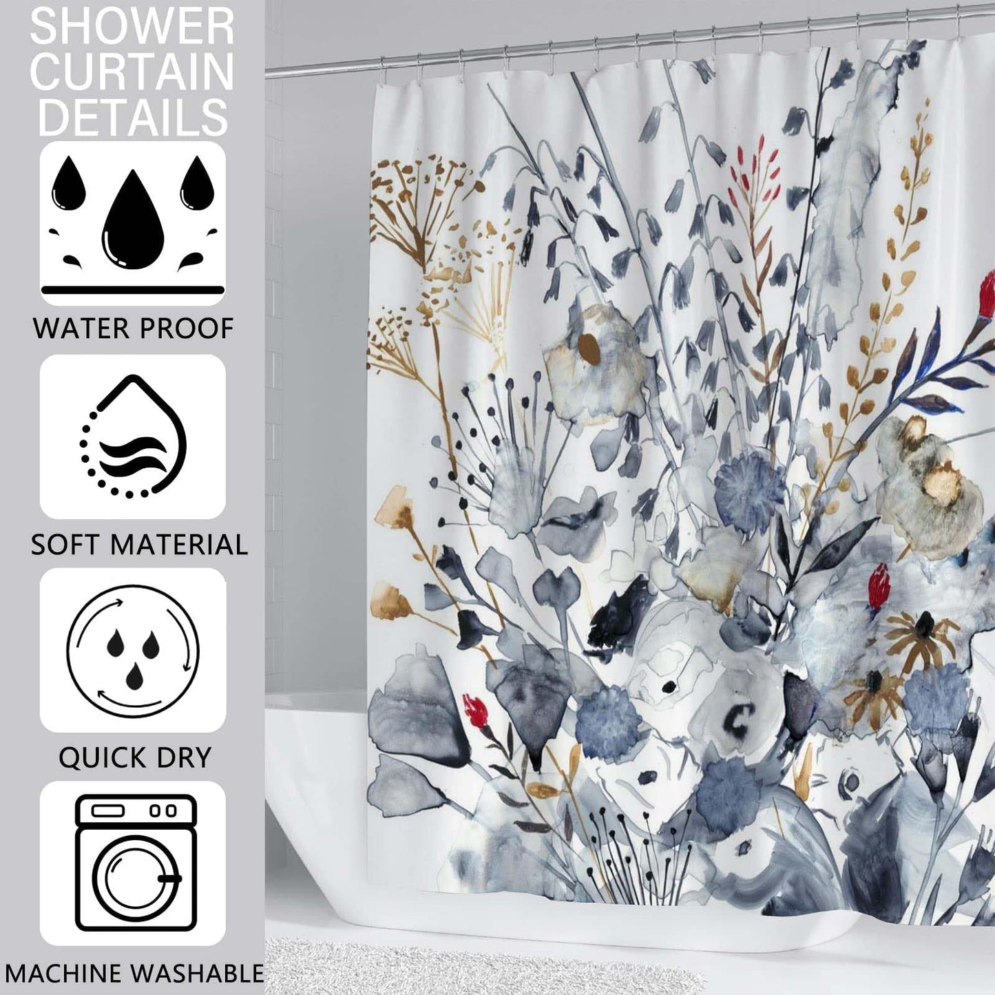 Floral Shower Curtain (72” x 72”), Polyester Fabric Printed Shower Curtain Set for Bathroom with Hooks（01） BST202