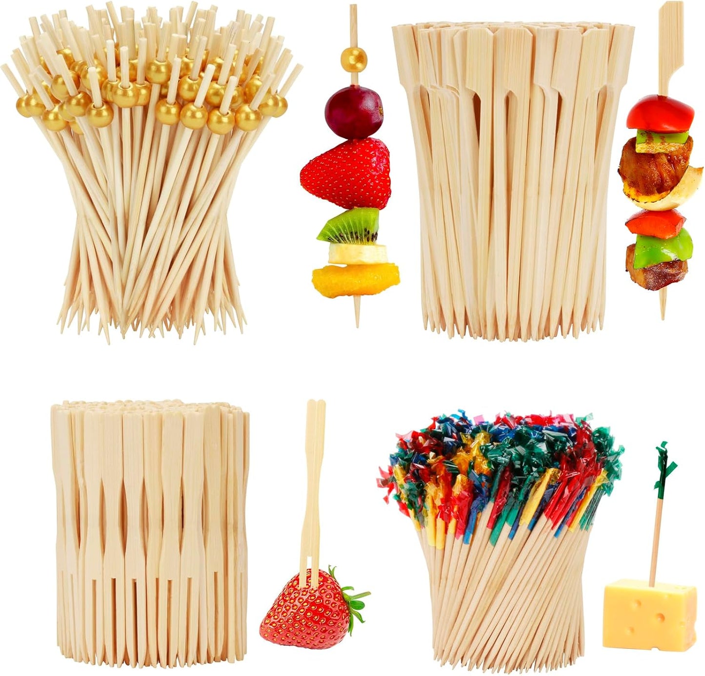 800PCS Cocktail Picks - 4 Styles Fancy Toothpicks for Appetizers Charcuterie Boards Accessories, Decorative Bamboo Skewers Wooden Long Cocktail Sticks for Drinks Food Fruit Sandwich Party Supplies BST202