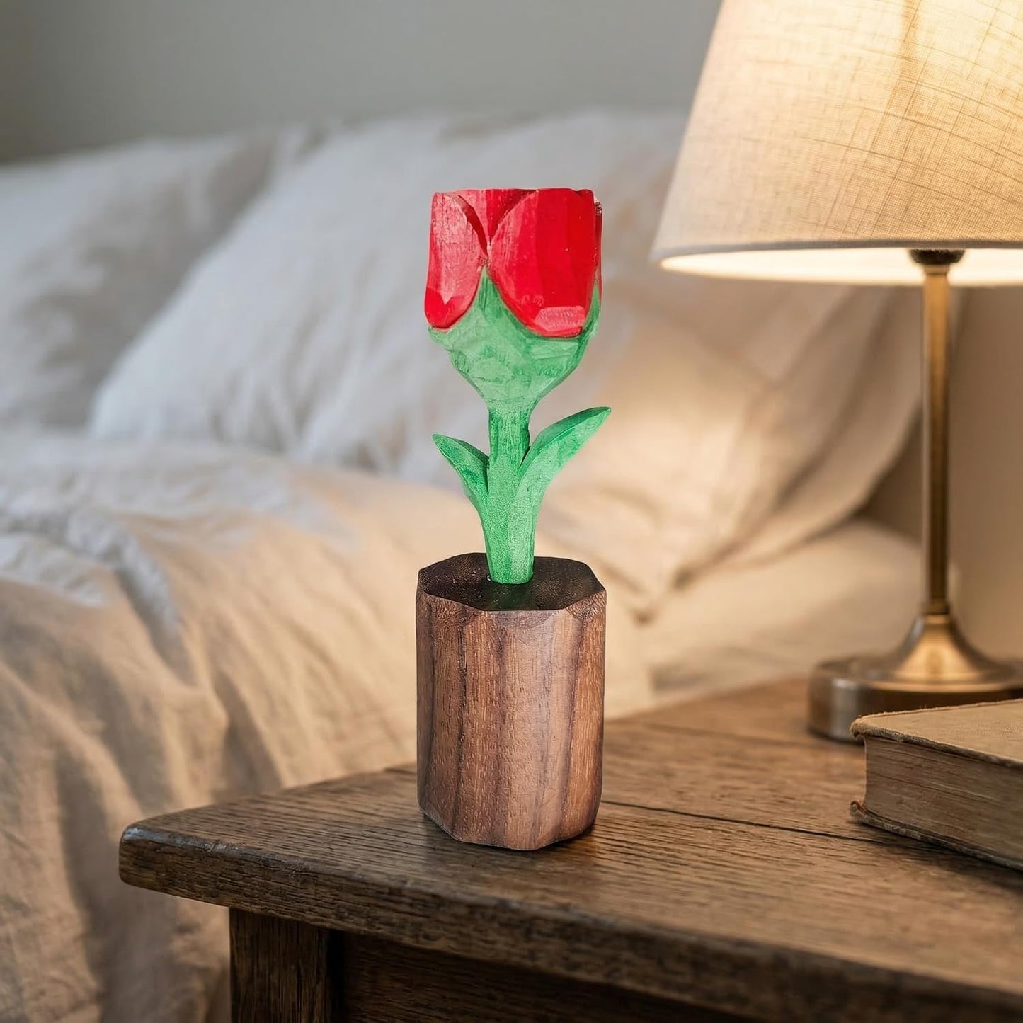 Wood Rose for 5th for Wife - Handcrafted Basswood Flower Figurine - Romantic Valentine's Day Birthday Gift for Her - Everlasting Wooden Sculpture with Gift Box (Red) BST220