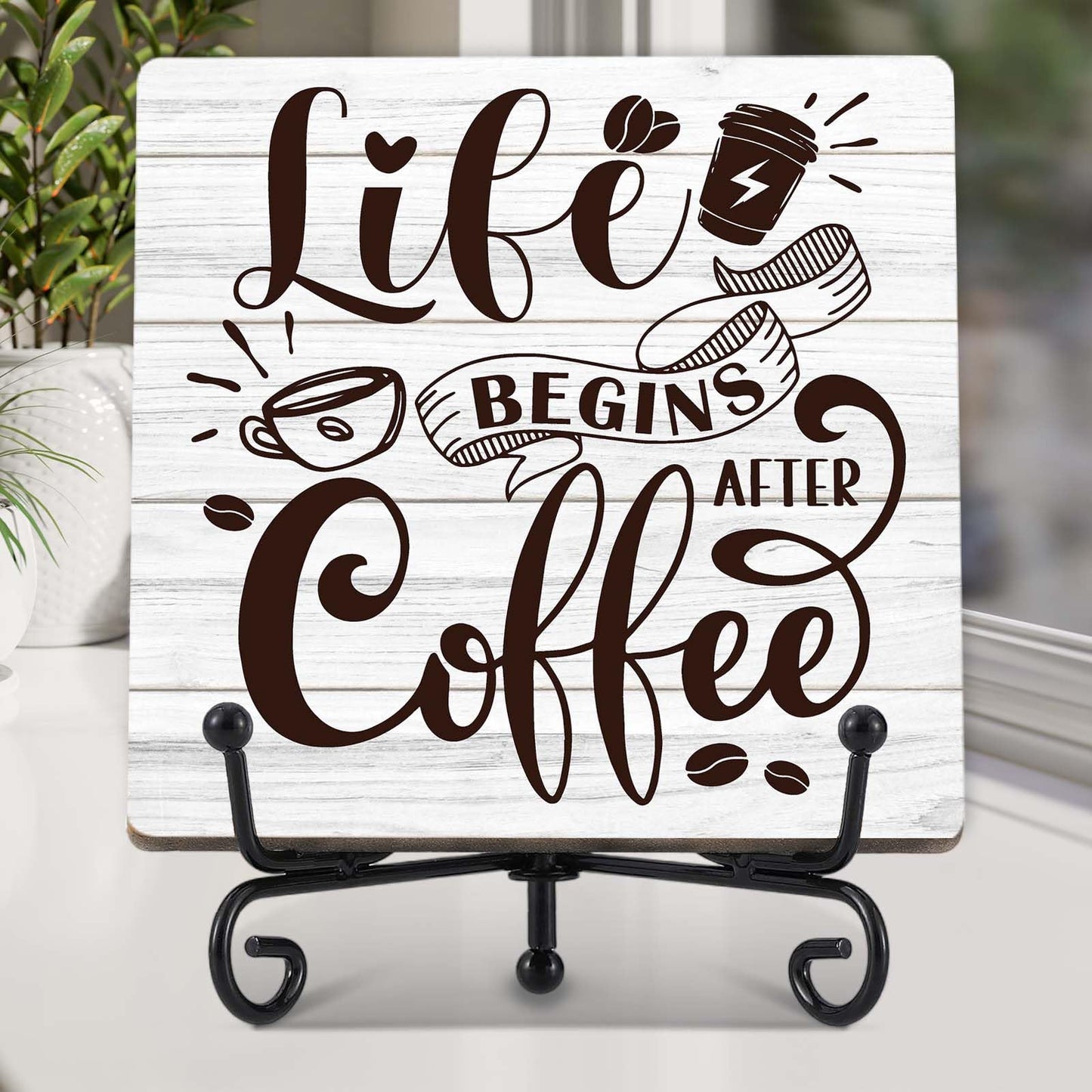Coffee Bar Decor, Farmhouse Kitchen Table Decor, Coffee Station Accessories, Wooden Decorative Sign with Iron Stand for Table Desk Shelf Display-E21 BST220