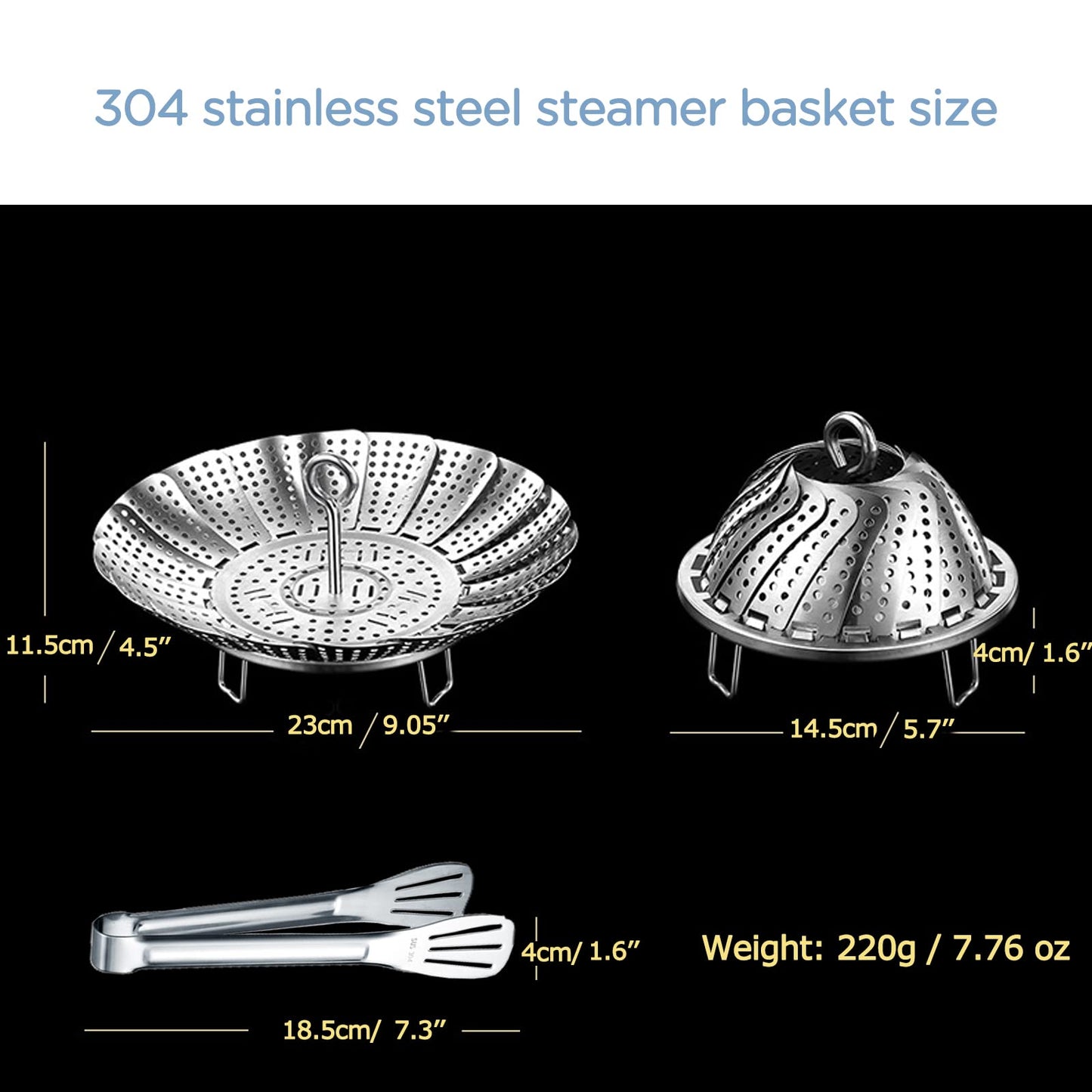 304 Stainless Steel Vegetable Steamer Basket, Expandable Insert for Cooking, Fits 6.4 to 10.2 Inch Pots, Includes 7.3 Inch Kitchen Tongs WN420