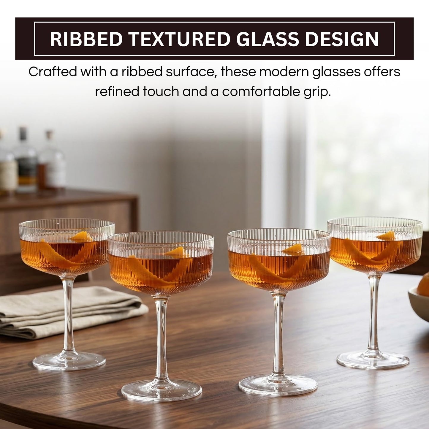 Khen Pink Peach Acrylic Ribbed Coupe Martini Champagne Cocktail Glasses, Set of 4, 8 oz Shatterproof Ripple Stemware European Style Reusable Drinkware Goblets, Indoor Outdoor Parties Weddings Bar Gift BST220
