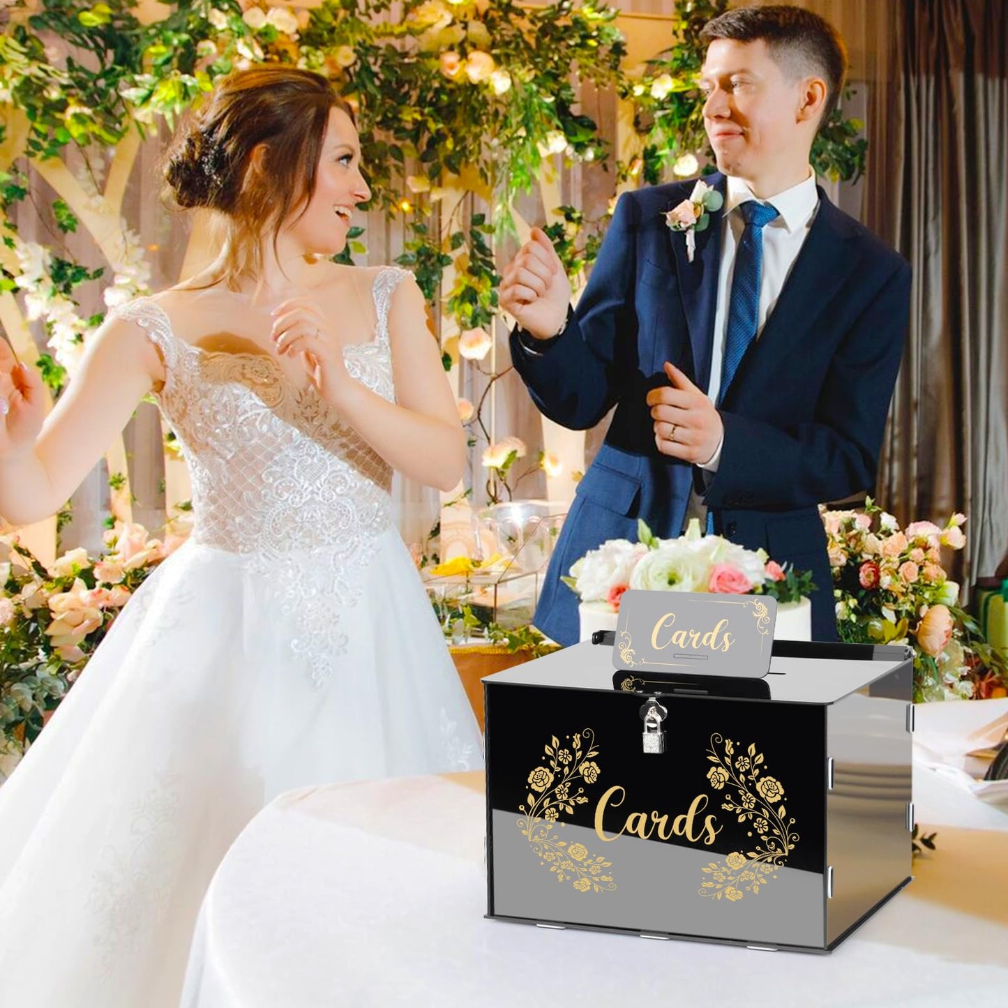 Fowecelt Acrylic Wedding Card Box with Lock Black Card Box DIY Large Rustic Card Box for Wedding Reception Bridal Shower Birthday Baby Shower Party Graduation Decorations (10x10x10 Inch) BST326H