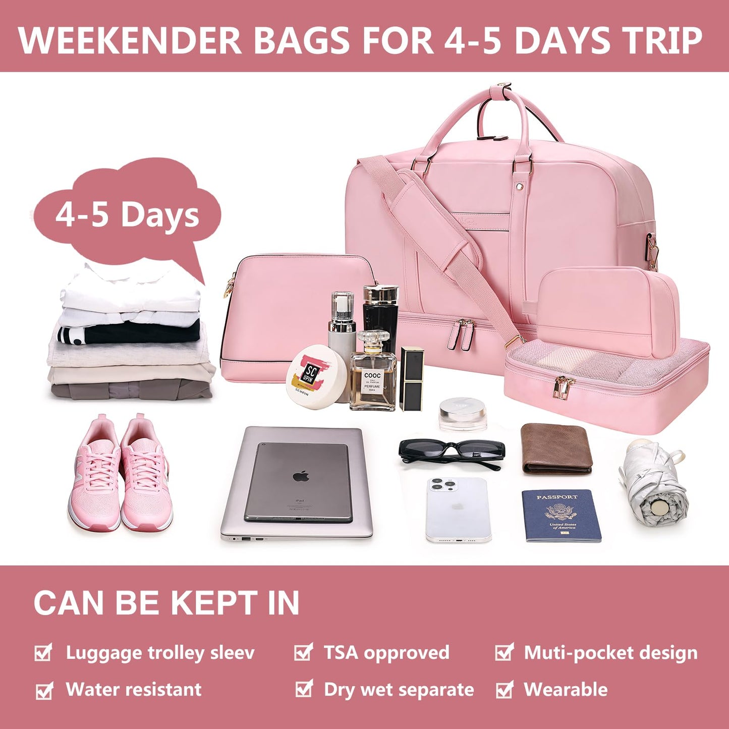Large 4-in-1 Leather Duffle Bag for Travel Weekender Overnight Hospital Gym Bag for Men & Women, Carry On Airline Approved Personal Item Duffel Garment Bag Luggage with Shoe Compartment & Toiletry Bag BST326H