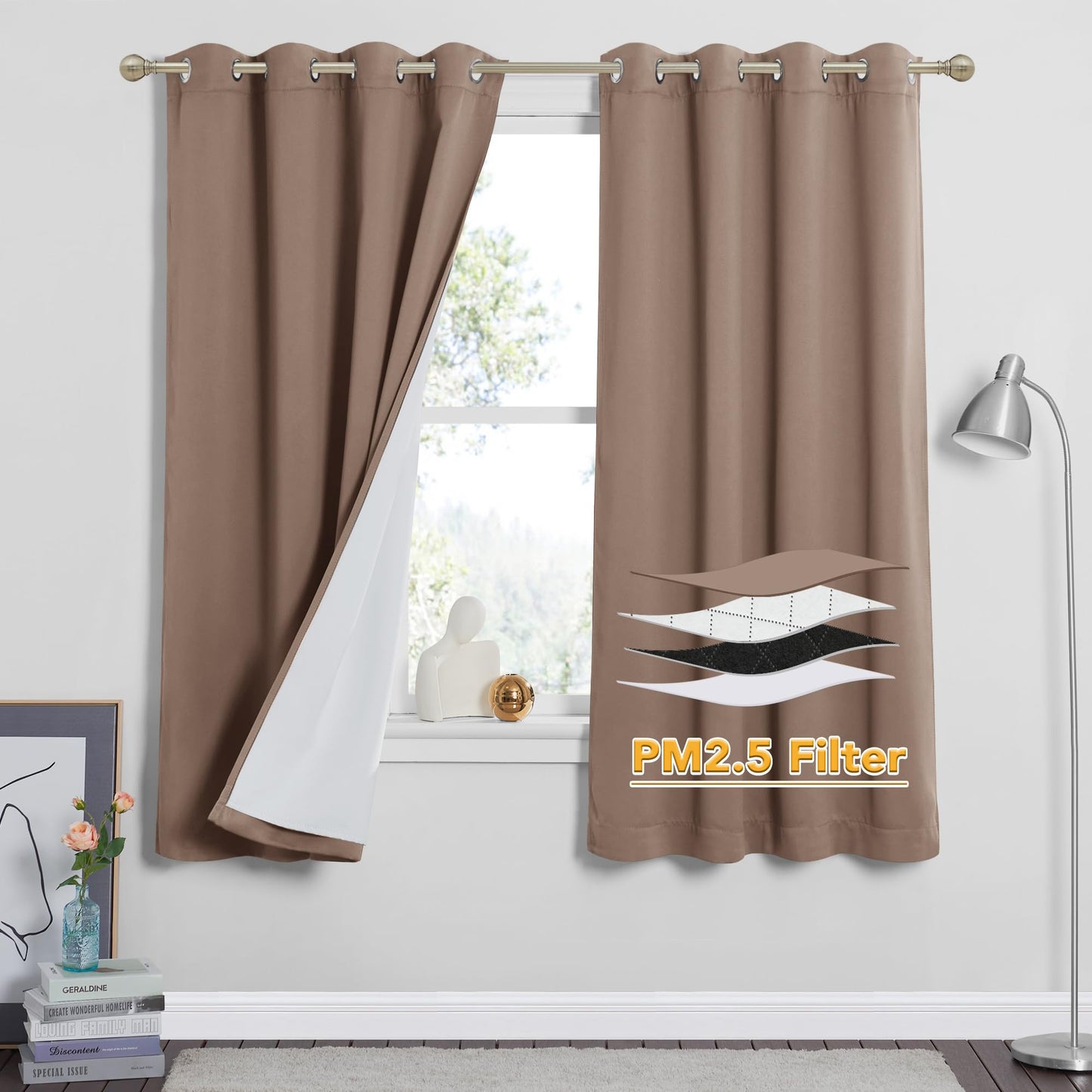 RYB HOME 4-in-1 Dust Filtering Soundproof Blackout Insulating Privacy Window Curtains for Nursery Bedroom Living Room Rivider Sound Absorption Sheet, Black, W52 x L90 inch, 2 Panels BST220