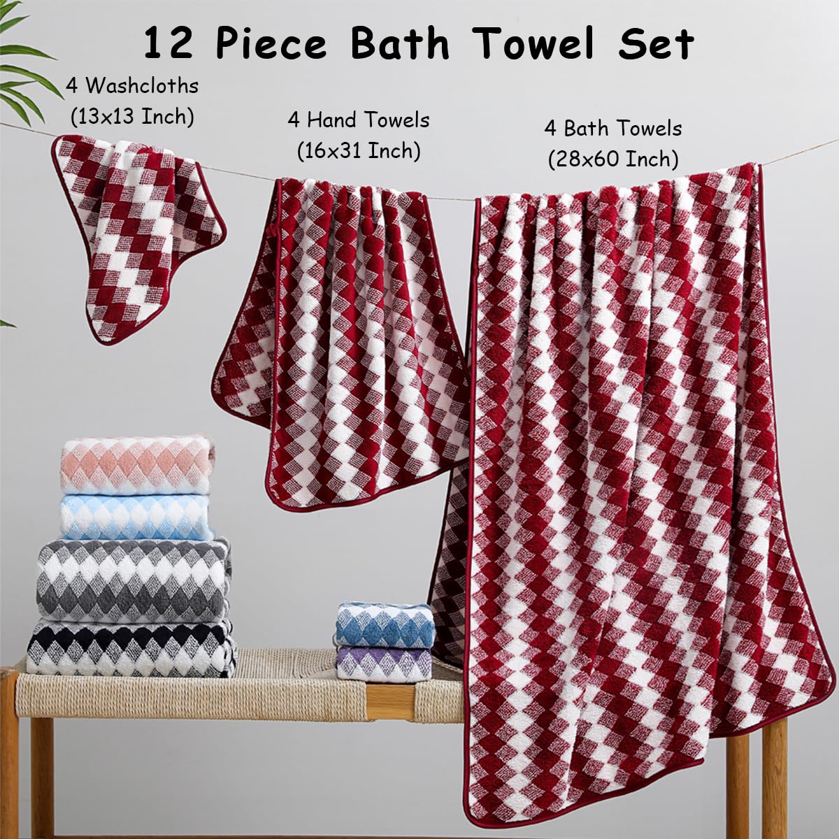 12 Pcs Light Gray Diamond Towel Set-4 Bath Towels,4 Hand Towels,4 Washcloths Soft Polyester Towels with Loop Absorbent Shower Towel Quick Dry Beach Chair Towel Family Towels for Bathroom Spa Gym Pool BST220