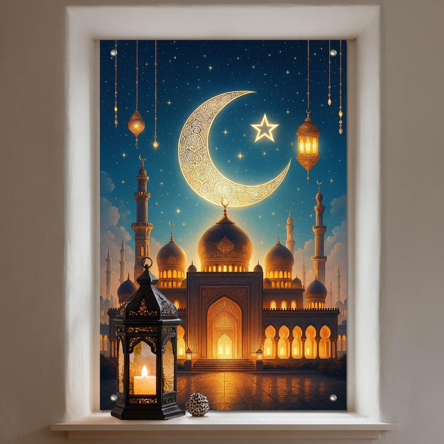 HOMETITUTE Eid Ramadan Window Banner Holiday Curtain Backdrop 31x47 Fabric | Mubarak Cover Festival Screen Windows Banner Hanging Living Room Bedroom Home Crescent Moon Star Pattern Design BST326H
