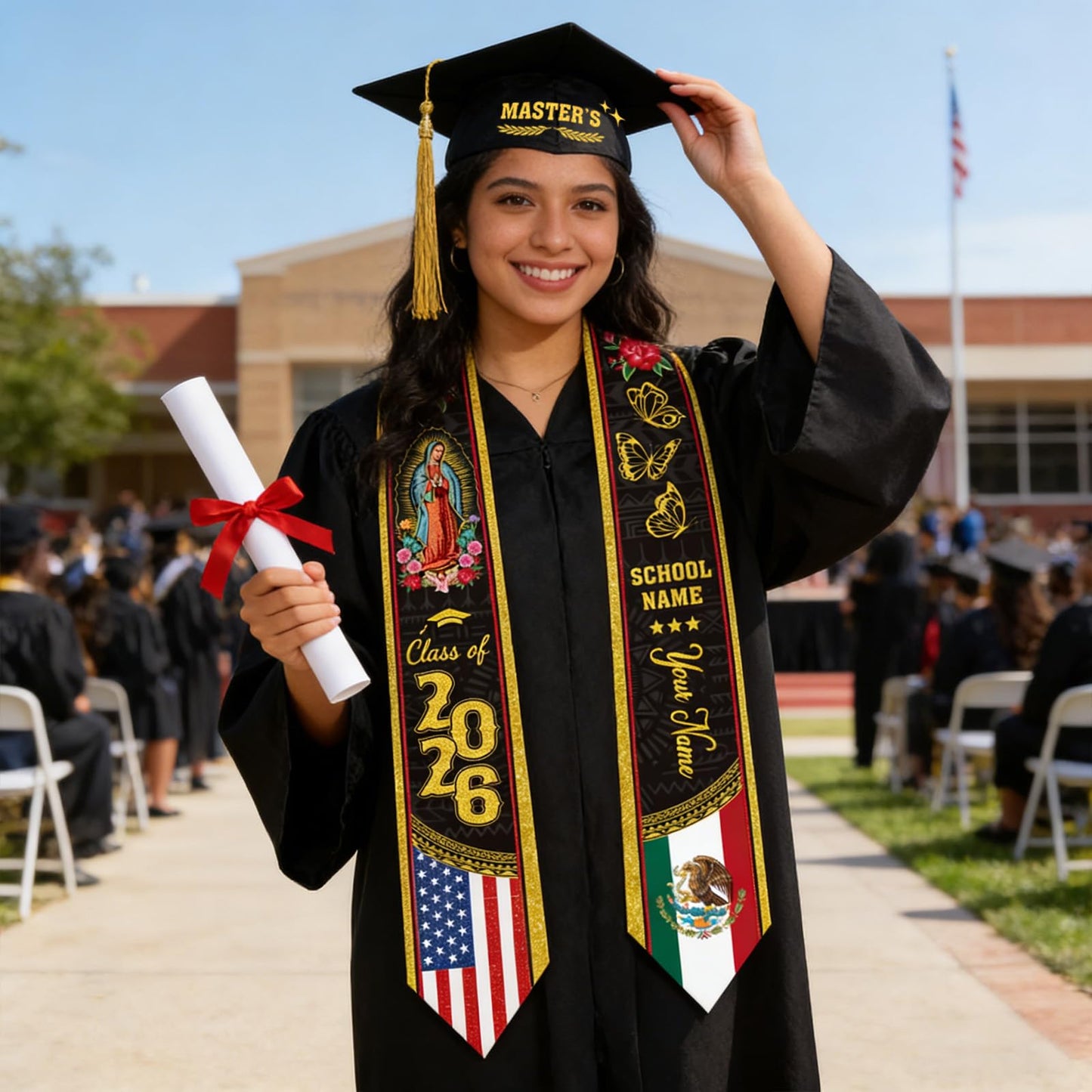 Dazoratix Filipino Graduation Stole 2026 - Philippines American Flag Sash Personalized Custom Glitter Iron on Letters Patches DIY Customize Transfer Stickers for Senior Student School Grad Decorations BST326L