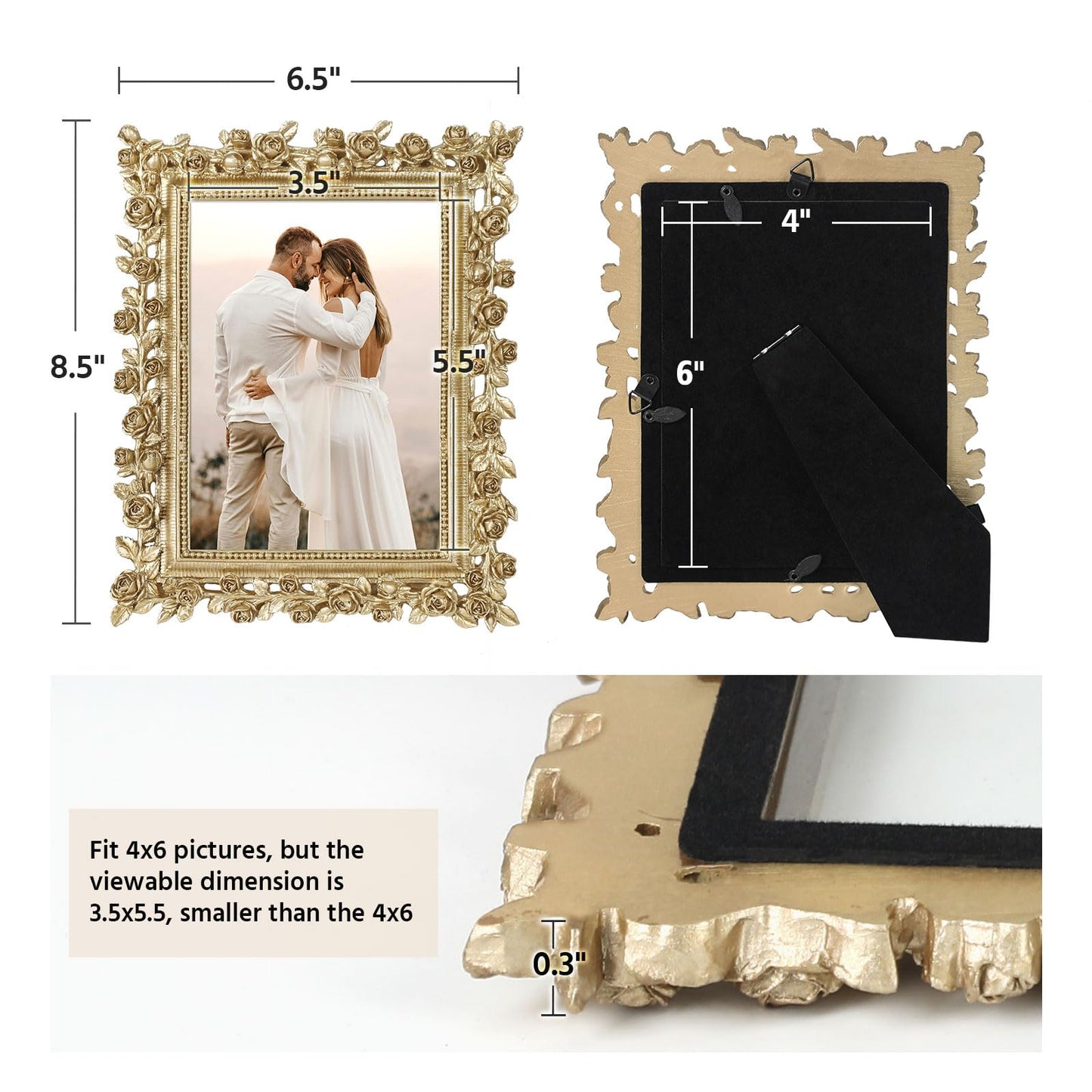 5x7 Wedding Picture Frame Gold,2 Pack Small Frame for Gallery Decor | Durable Resin Material,Tabletop & Wall Display,Real Glass,Rose Floral Design,Antique Brass Finish,Wedding Arrangement Decor BST326H