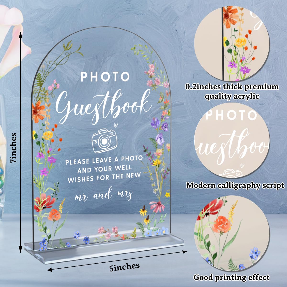 Acrylic Wedding Signs, Pick A Card Signs for Marriage Reception, Bridal Shower Decorations, Modern Arched Round Top Acrylic Table Top Sign with Holder for Wedding Party Dinner (Clear Wildflowers) BST326L