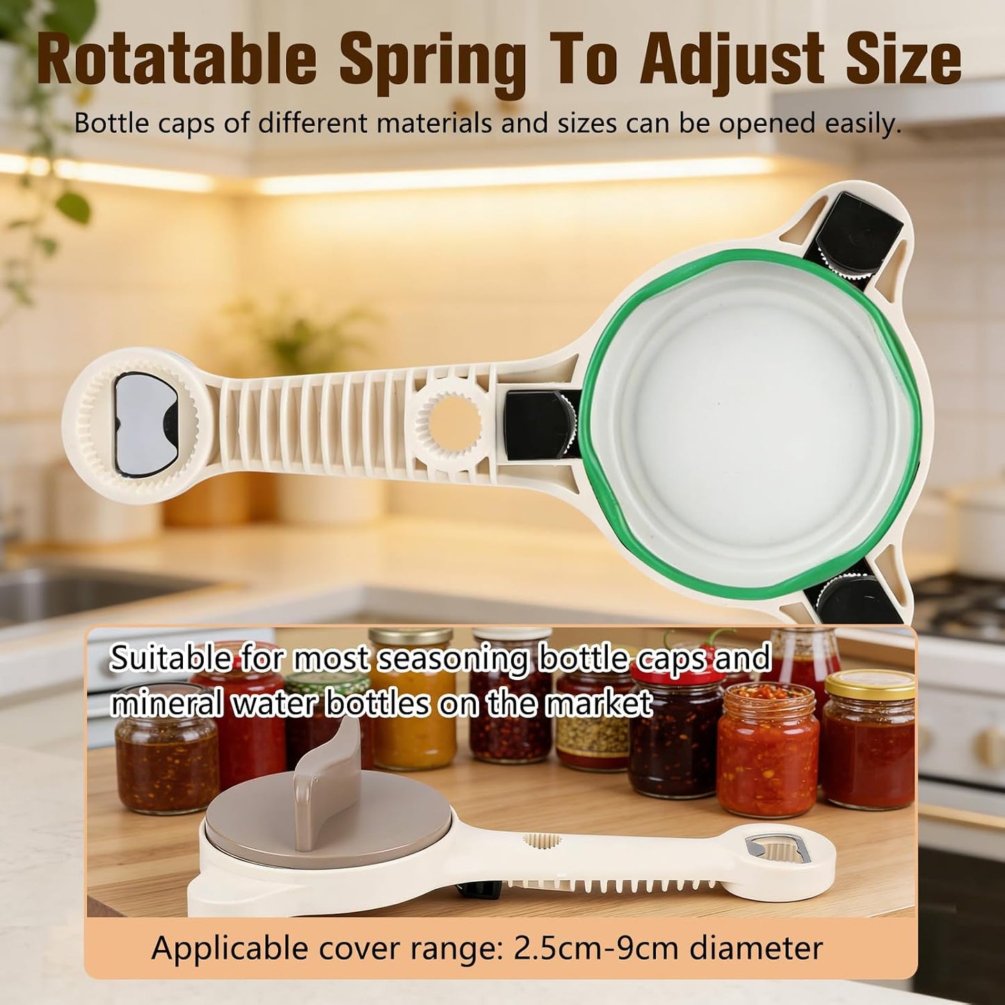 4 in 1 Multi-Purpose Jar Opener,Adjustable Stainless Steel Jar Opener,Multi-Functional Retractable Jar & Bottle Openers,Multi Size Lid Tool for Jars Cans Wine Bottles,Home Kitchen Helper (Beige) BST202