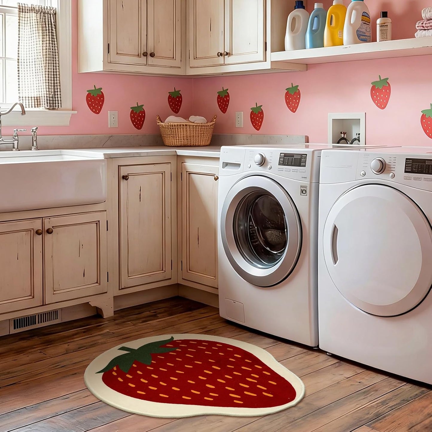 Tinideya Strawberry Bath Mat, Fruit Shaped Kitchen Bathroom Rug, Cute Summer Strawberry Welcome Front Door Rugs Soft Absorbent Non Slip Washable for Bathroom Sink Tub Bedroom Entryway Indoor Floor Mat BST202