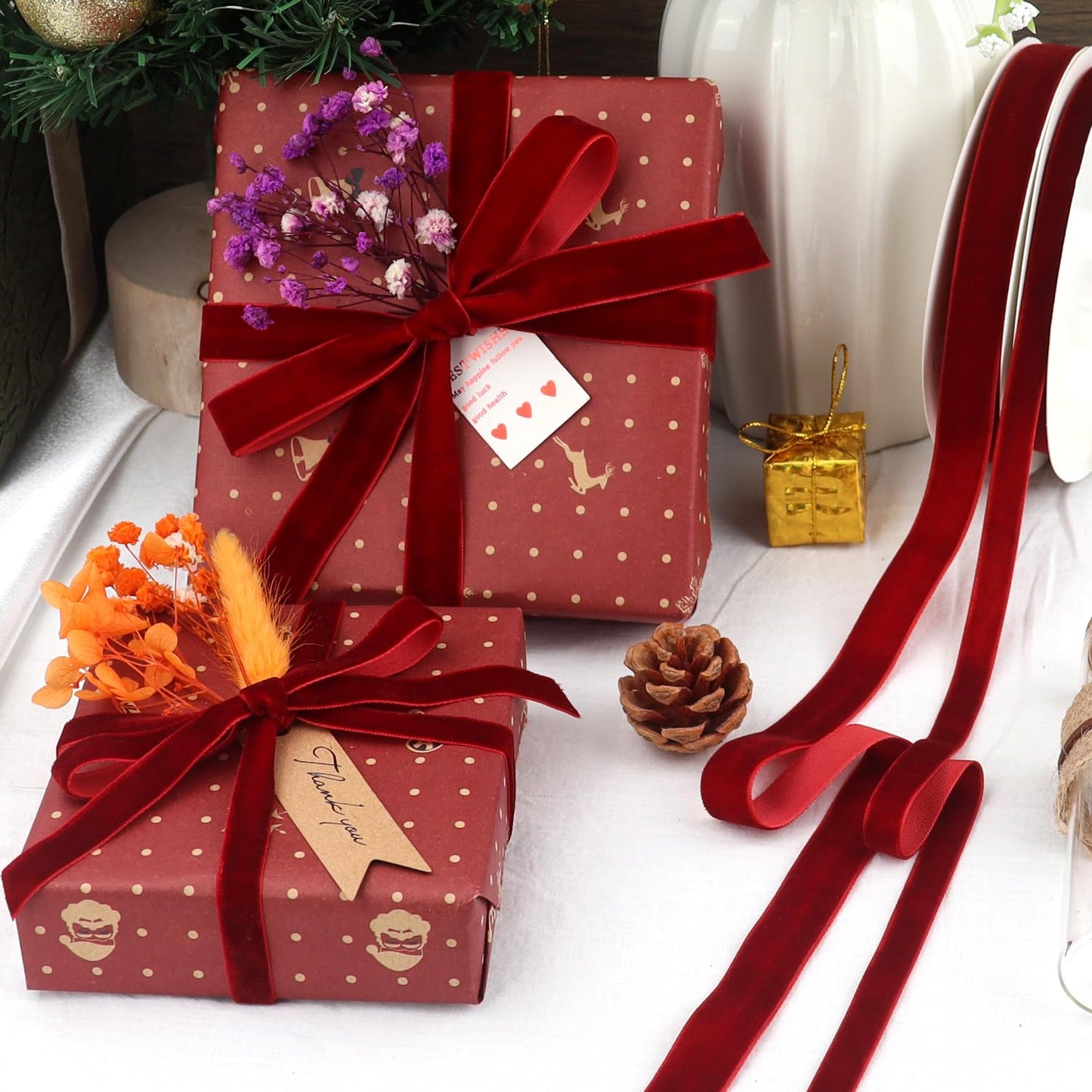 Red Velvet Ribbon 3/8 Inch X 12 Yards Christmas Ribbon for Gift Wrapping Christmas Ornaments Crafts Home Décor BST220
