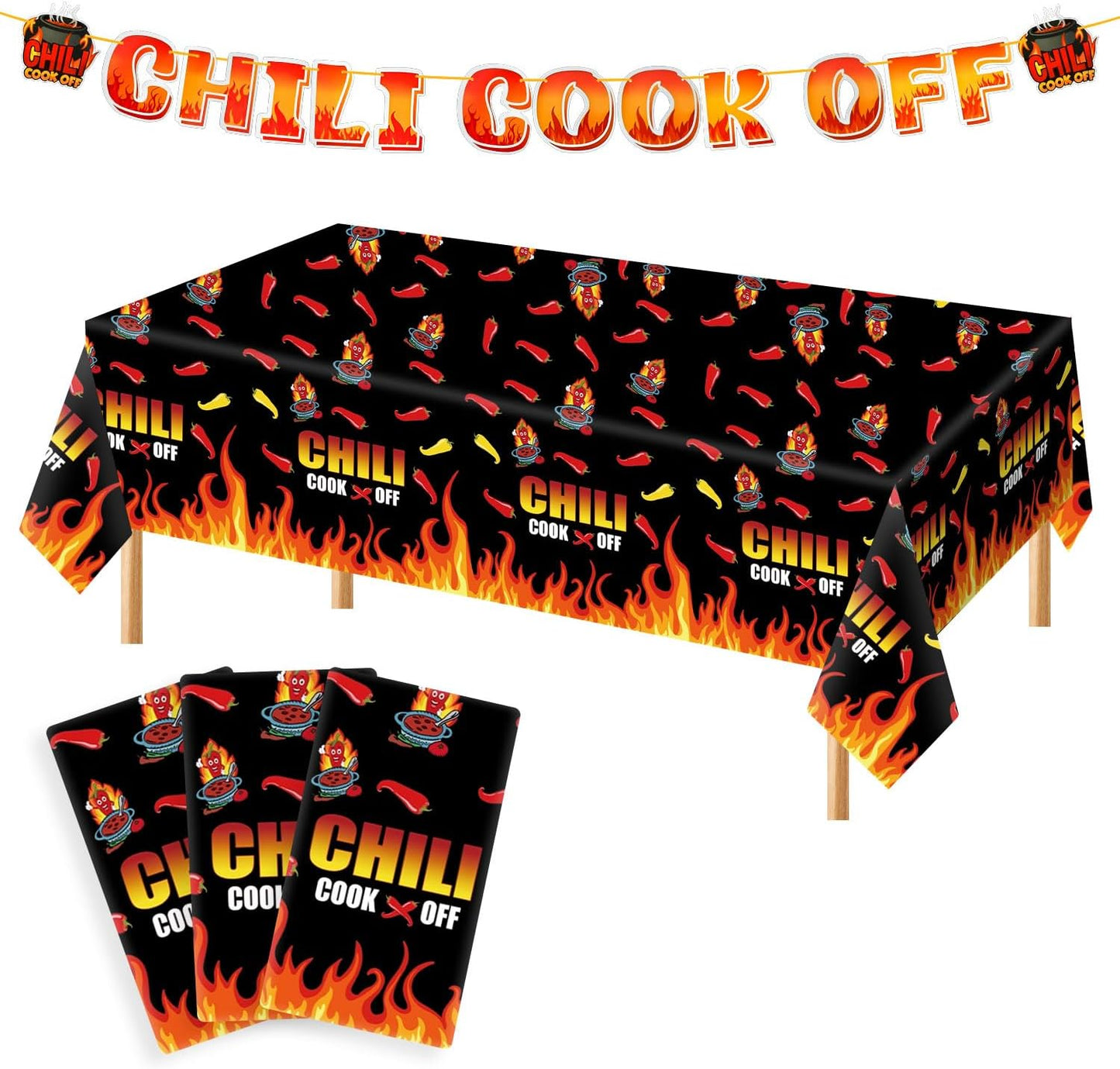4Pcs Chili Cook Off Decorations Set Include 3P 51.2" x 86.8" Disposable Chili Pepper Flame Plastic Table Covers and Chili Cook Off Banner Chili Cooking Contest Party Supplies Chili Pepper Decorations BST326L