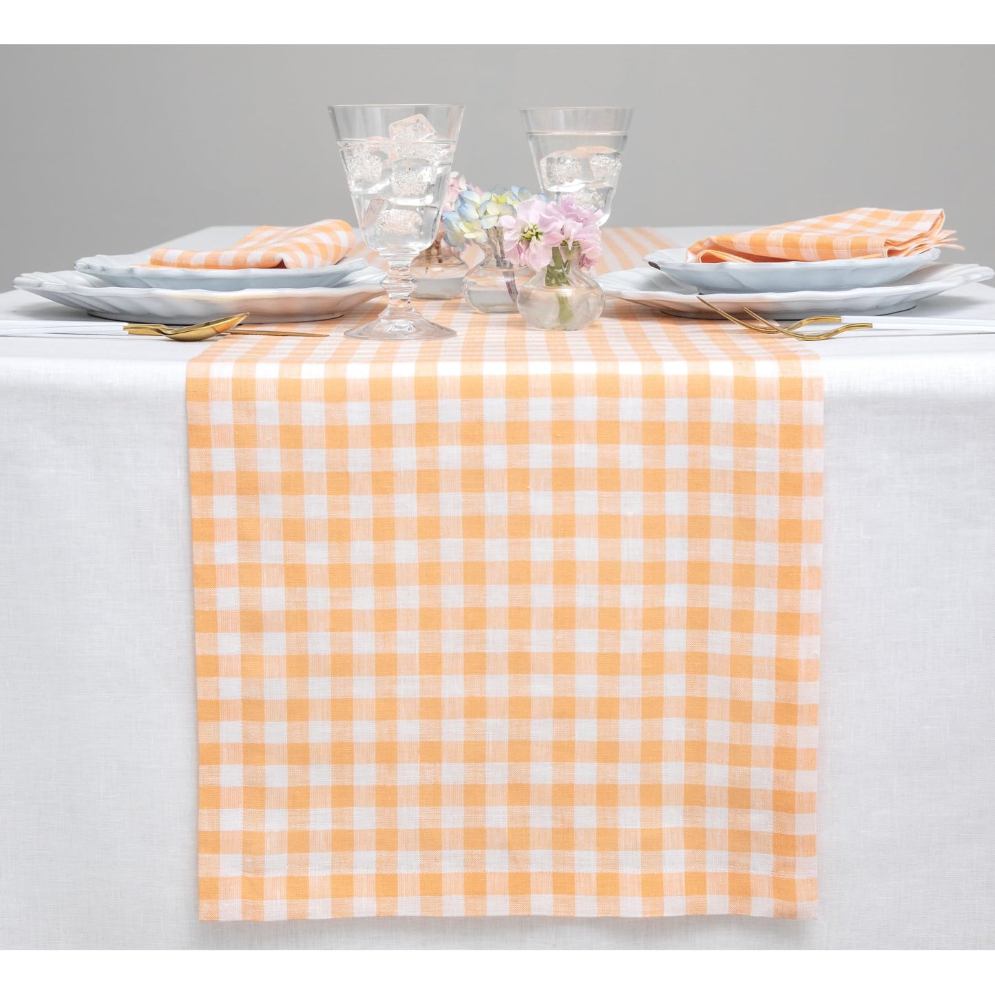 Solino Home 100% Pure Linen Table Runner Apricot, Gingham Check 14 x 36 in | Table Runners for nightstands, end tables, coffee tables and dressers | checkered weave, mitered corners | OEKO-TEX Certified BST326SOLH