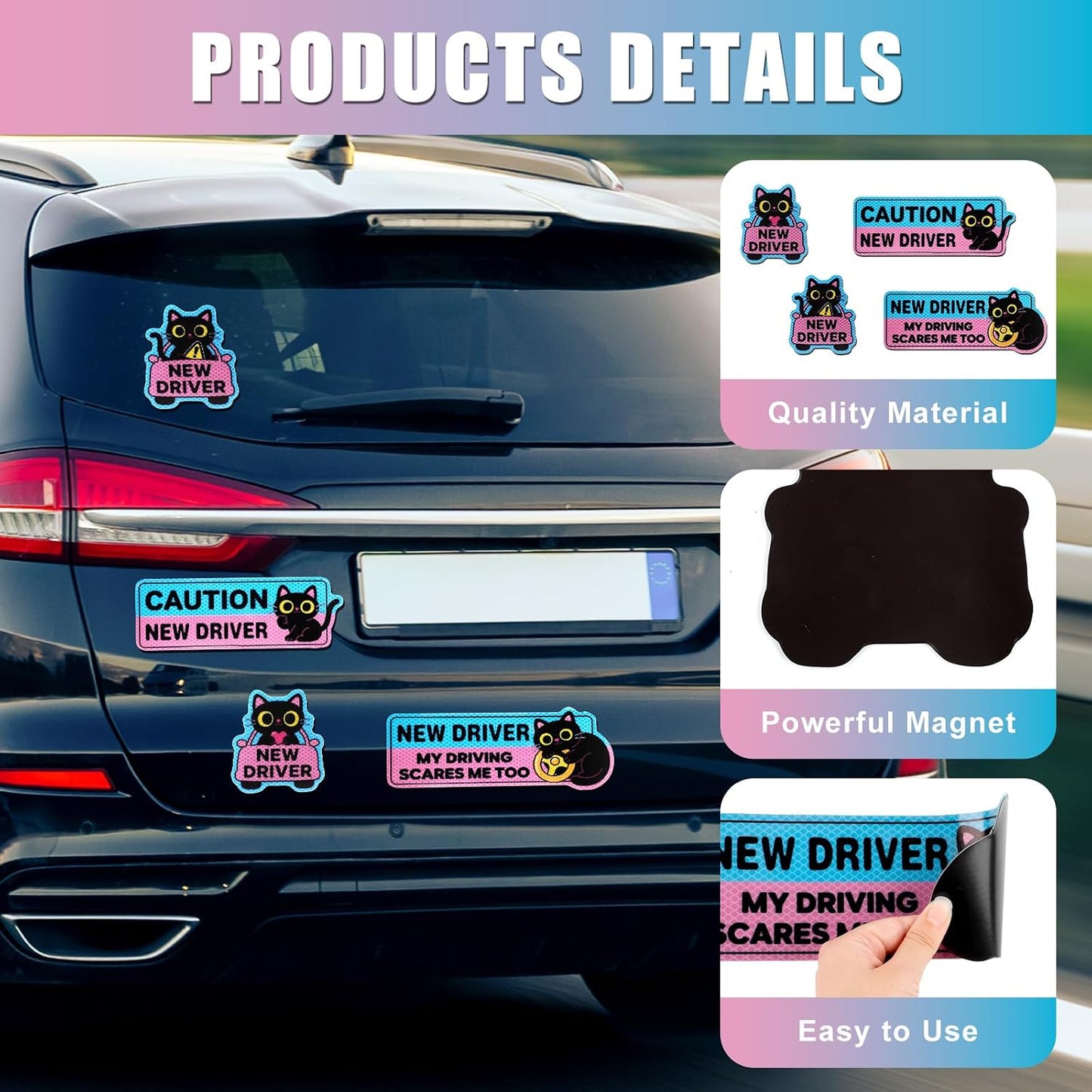 4PCS Black Cat New Driver Car Magnet, New Driver Magnet for Car, Cute Shivering Cat Reflective Reusable Student Driver Safety Sign for Car Bumper BST220
