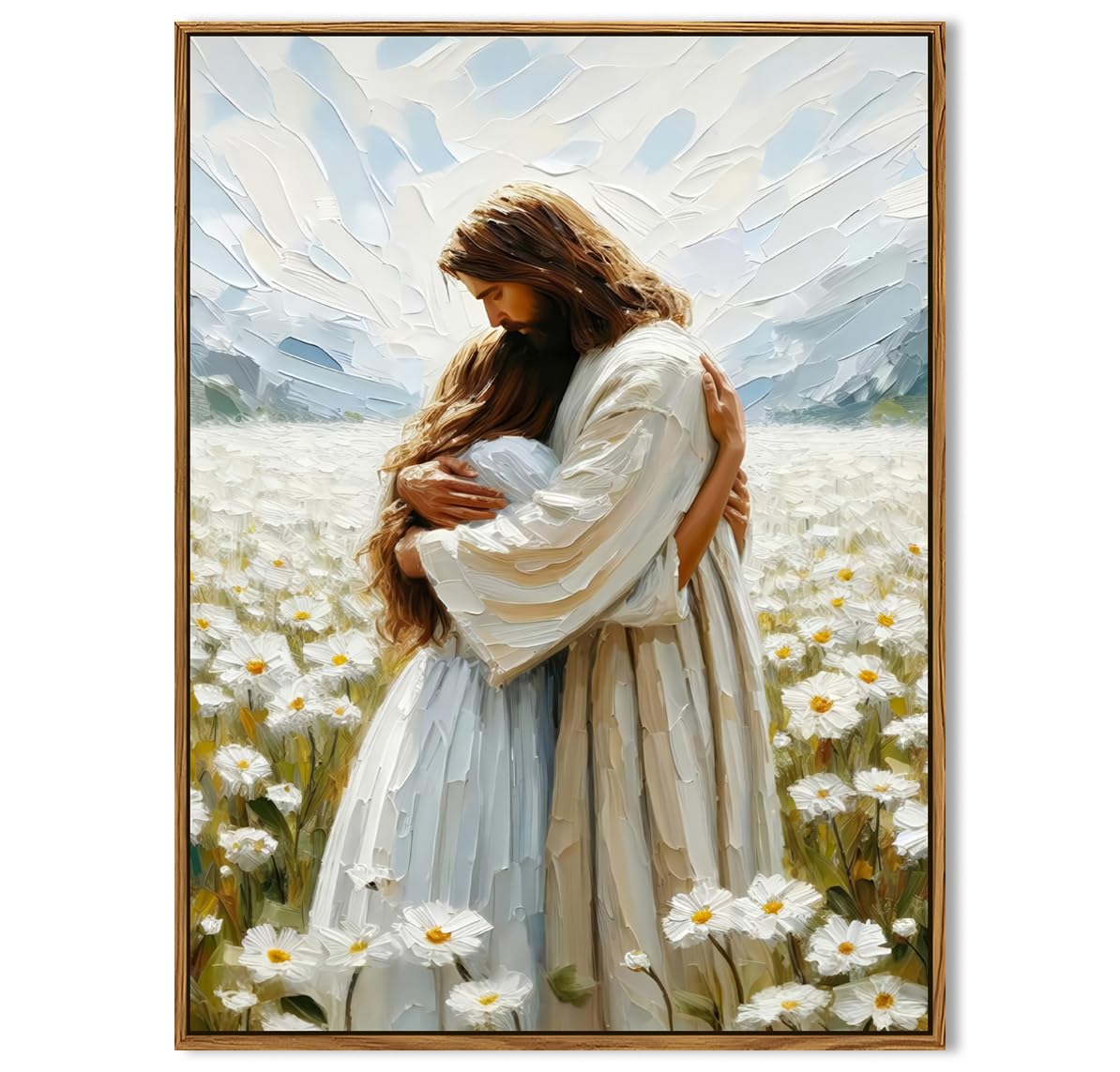 Framed 3D Textured Jesus Embracing Woman Wall Art, Jesus Hugging Woman Wall Decor Hand Drawn Sandstone Religious Christian Bible Painting Pictures for Bedroom Living Prayer Room 12x16 in Wood Framed BST202