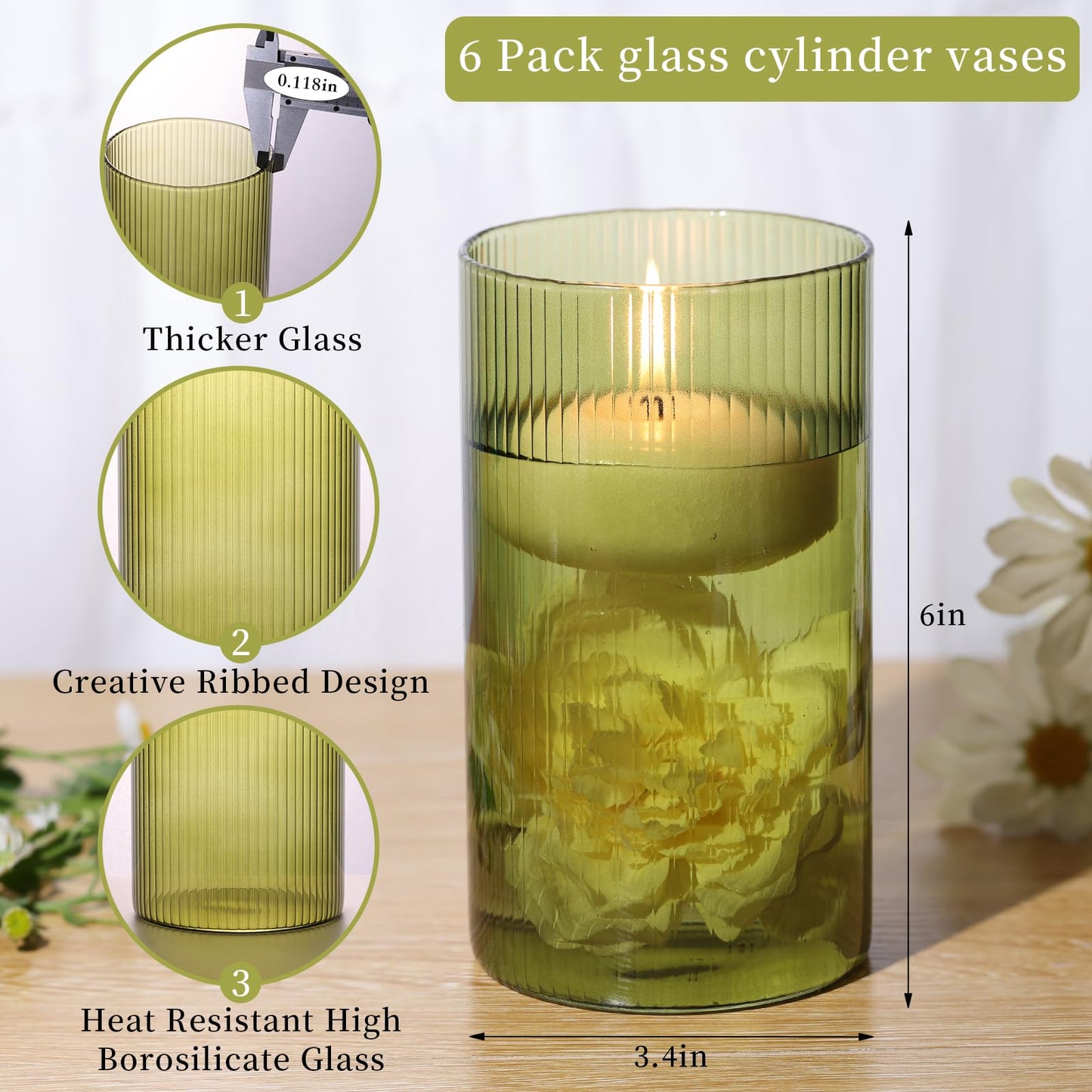 Glass Ribbed Cylinder Vases, 8 Inch Tall, Clear, Pack of 3 | Flower Vases in Bulk, Hurricane Floating Candle Vases, For Party Home Decor BST326H