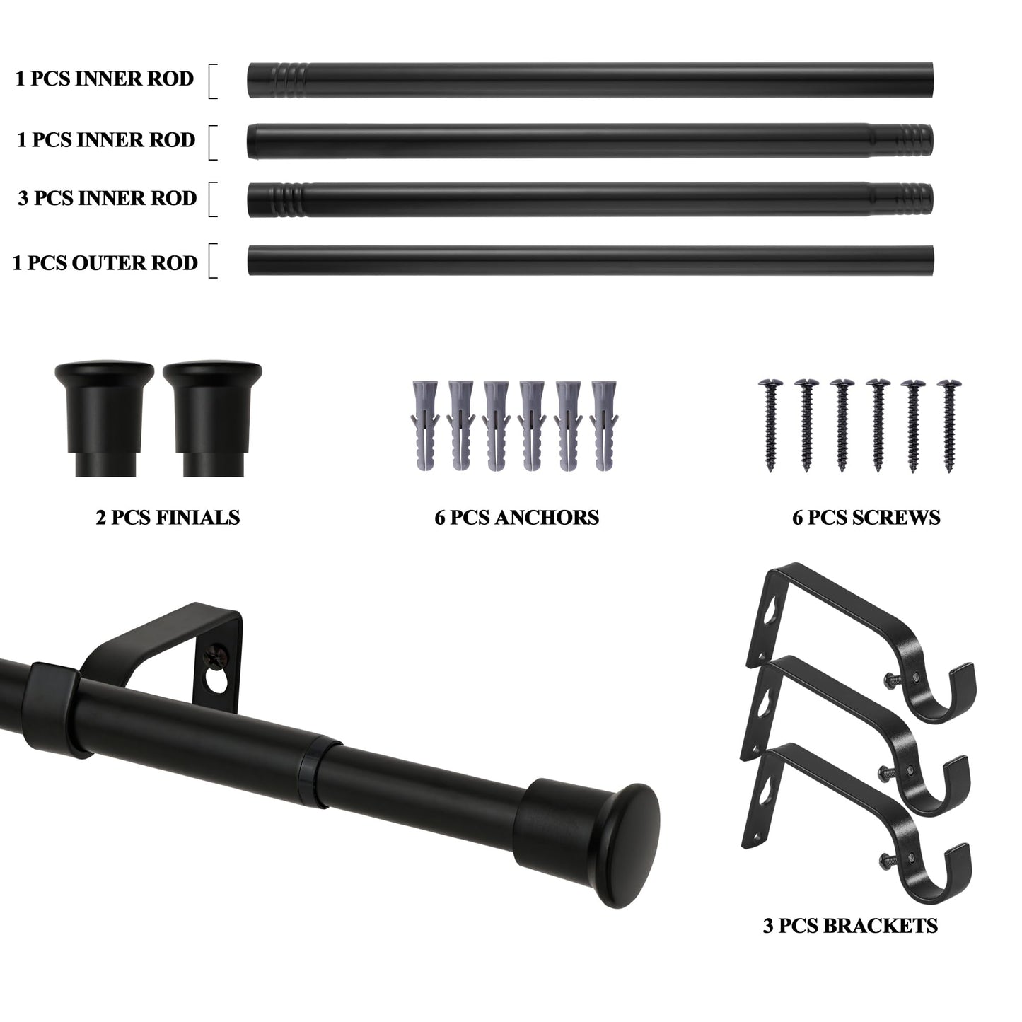 Curtain Rods for Windows 30 to 55 inches,Adjustable Curtain Rods,Easy Install，Black BST220