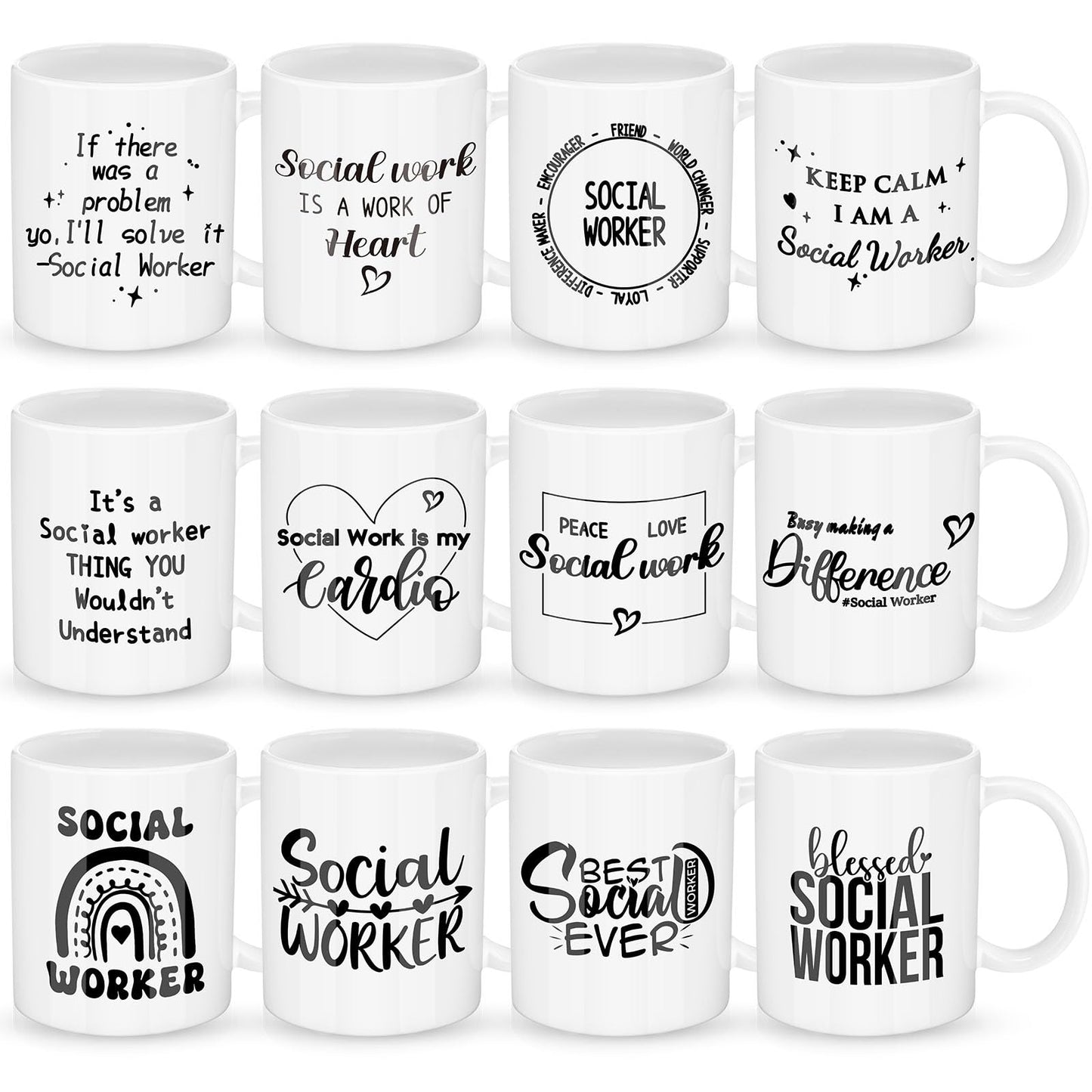 Honeydak 12 Pcs Social Worker Appreciation Gifts for Women Men 11oz Ceramic Mugs Bulk Thank You Gift for Social Worker Cup for Coworker Birthdays School Office Volunteer Nurse Week(Elegant) BST220