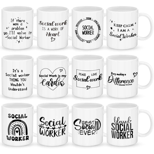 Honeydak 12 Pcs Social Worker Appreciation Gifts for Women Men 11oz Ceramic Mugs Bulk Thank You Gift for Social Worker Cup for Coworker Birthdays School Office Volunteer Nurse Week(Elegant) BST220