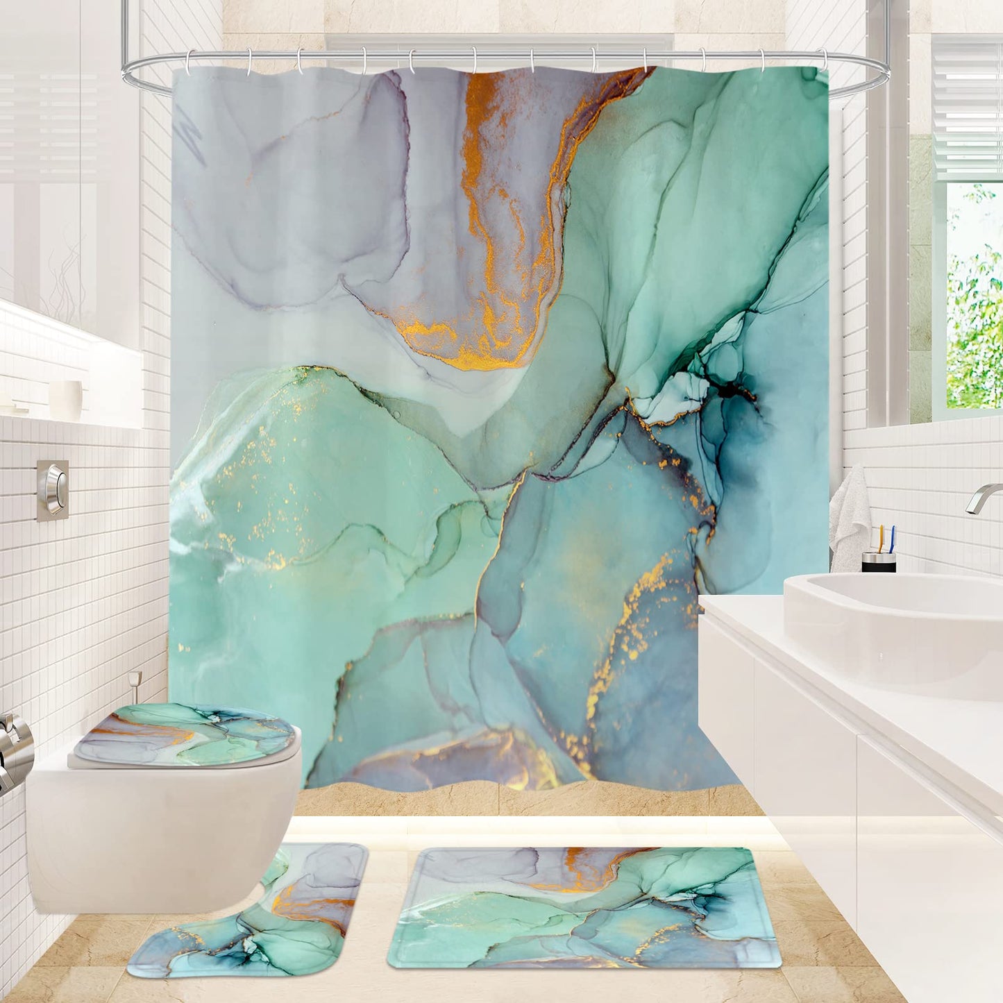 Gibelle 4 Pcs Bathroom Shower Curtain Set with Non-Slip Rugs, Toilet Lid Cover and Bath Mat, Grey Blue Marble Bathroom Decor Set with Shower Curtain and Rugs and Accessories BST326H