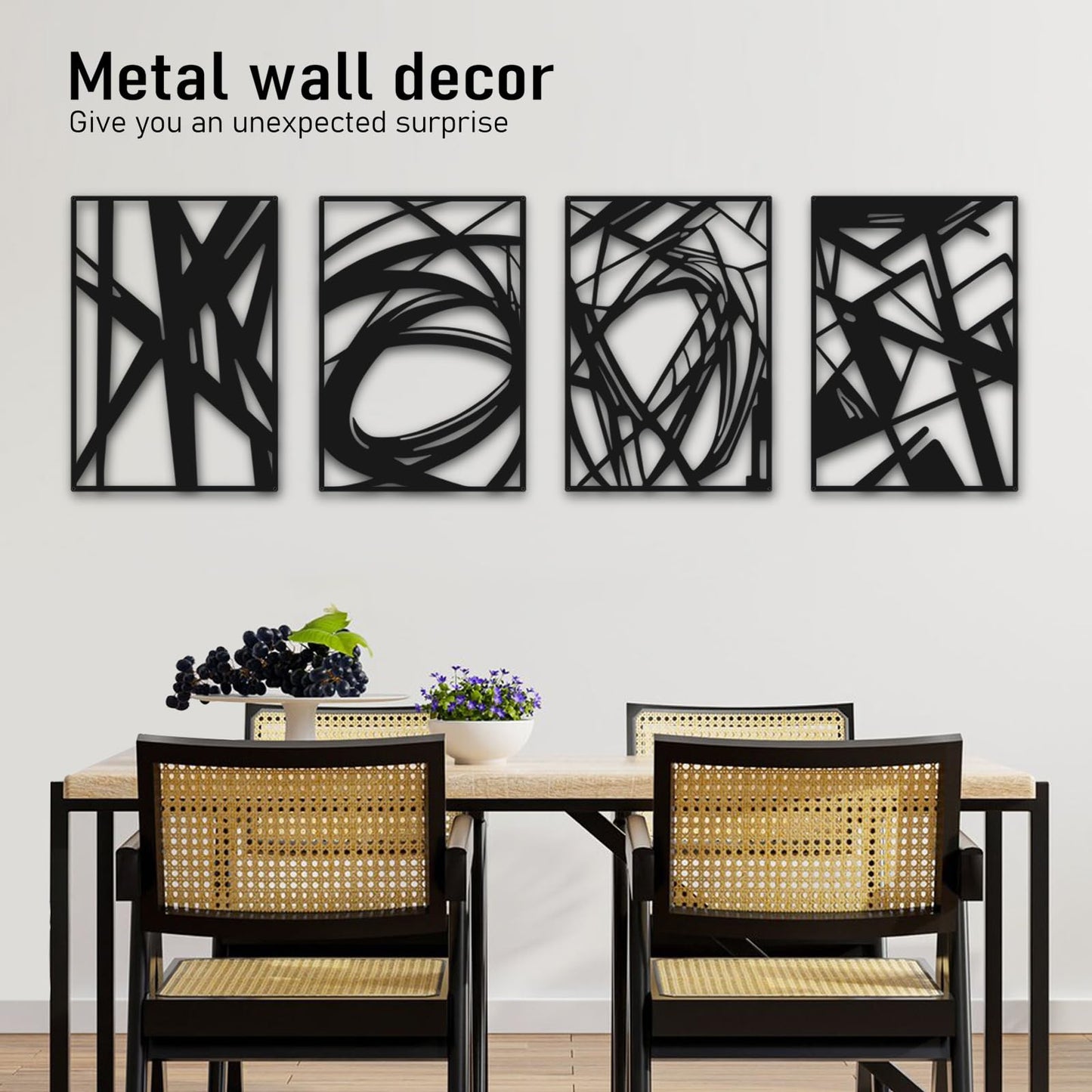 Bakovity Black Abstract Wall Art, Metal Art Wall Decor, Large Geometry Art, Modern 3D Abstract Wall Sculptures for Bedroom Bathroom Living Room (4 Pack, 16 x 11 in) BST220