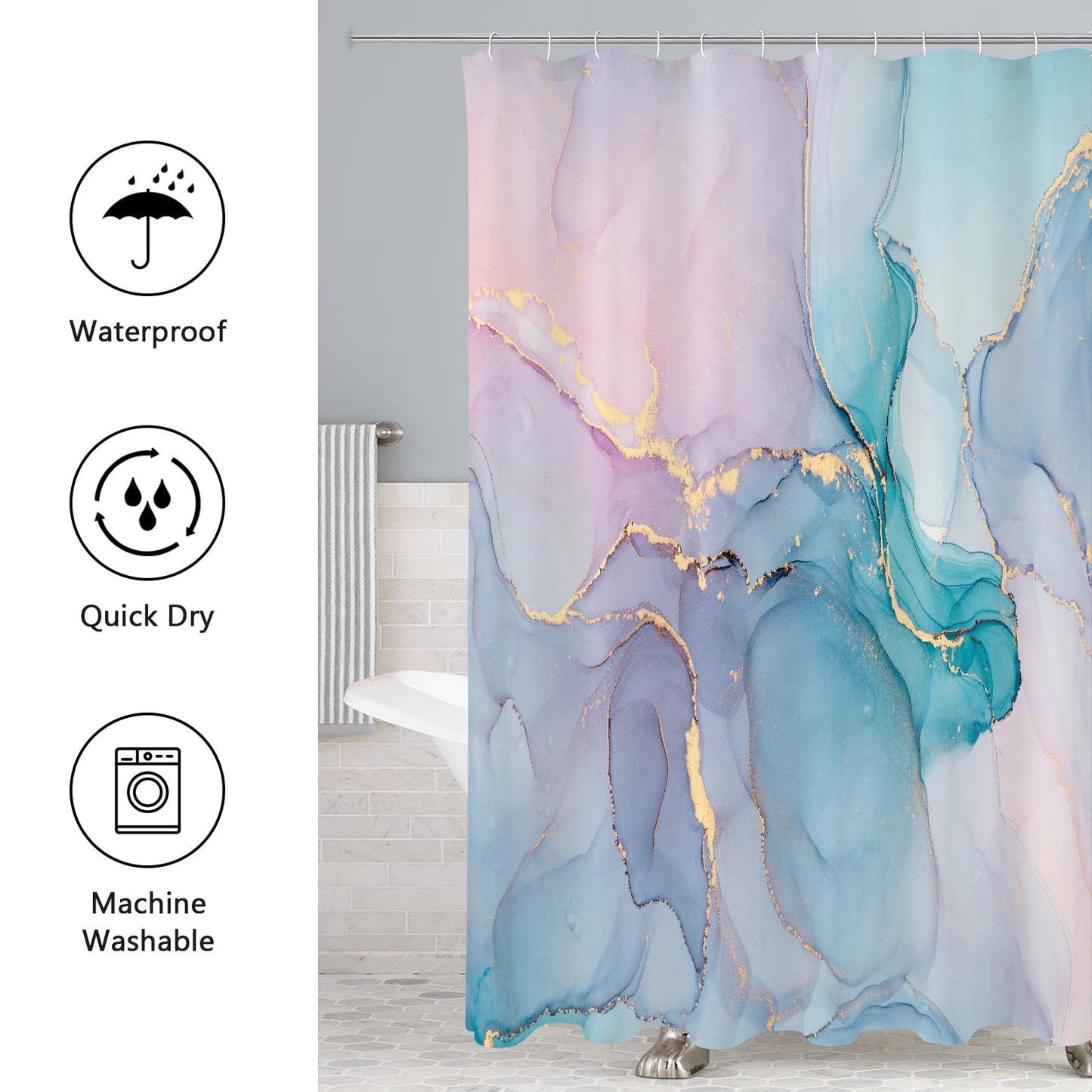 Gibelle 4 Pcs Bathroom Shower Curtain Set with Non-Slip Rugs, Toilet Lid Cover and Bath Mat, Grey Blue Marble Bathroom Decor Set with Shower Curtain and Rugs and Accessories BST326H