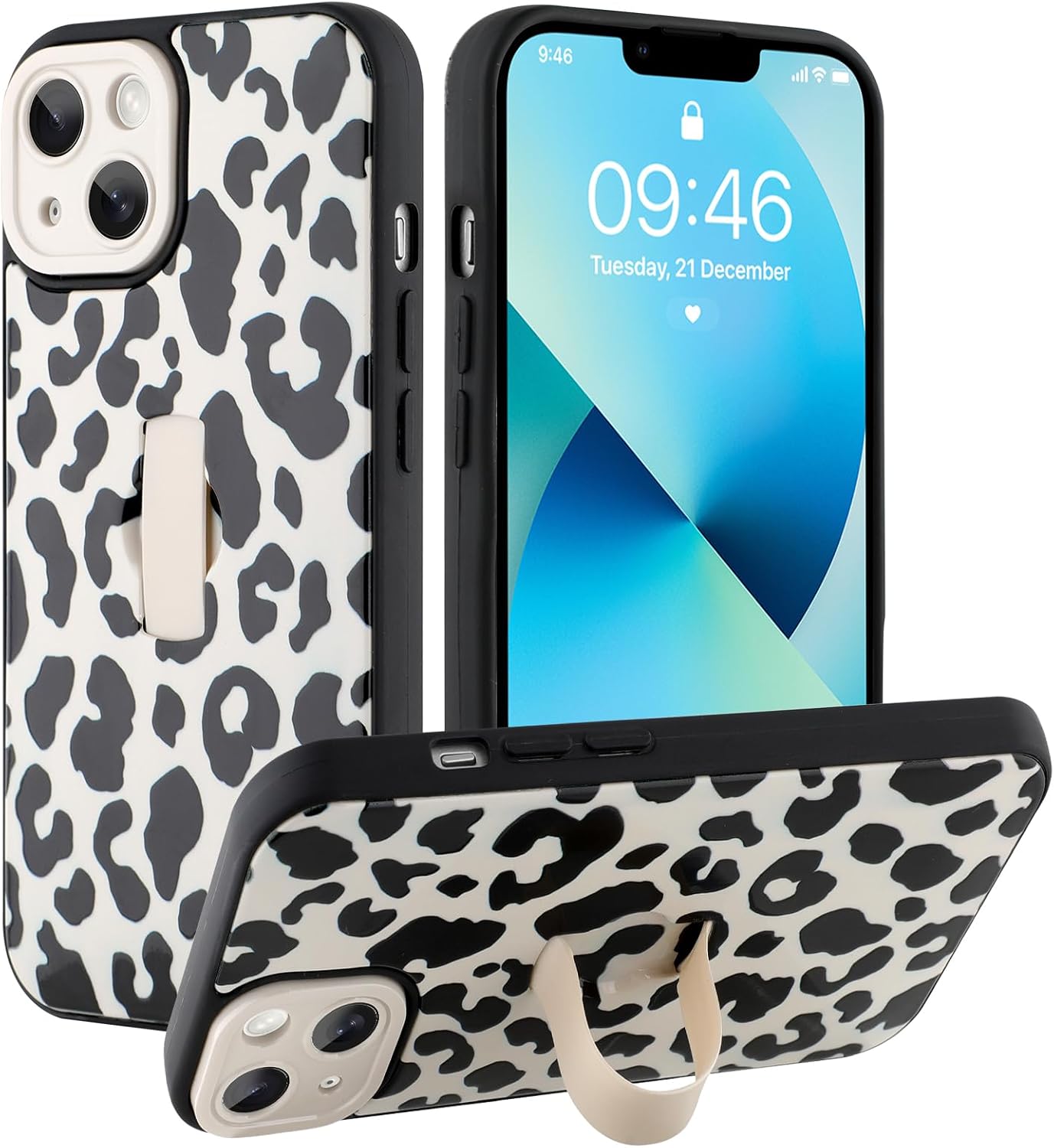Compatible with iPhone 13 Case, Cute Cheetah Leopard Pattern | Built in Adjustable Wrist Strap Grip Hand Holder Stand Shockproof Kickstand Cover for Women Girls (Black White) WN420