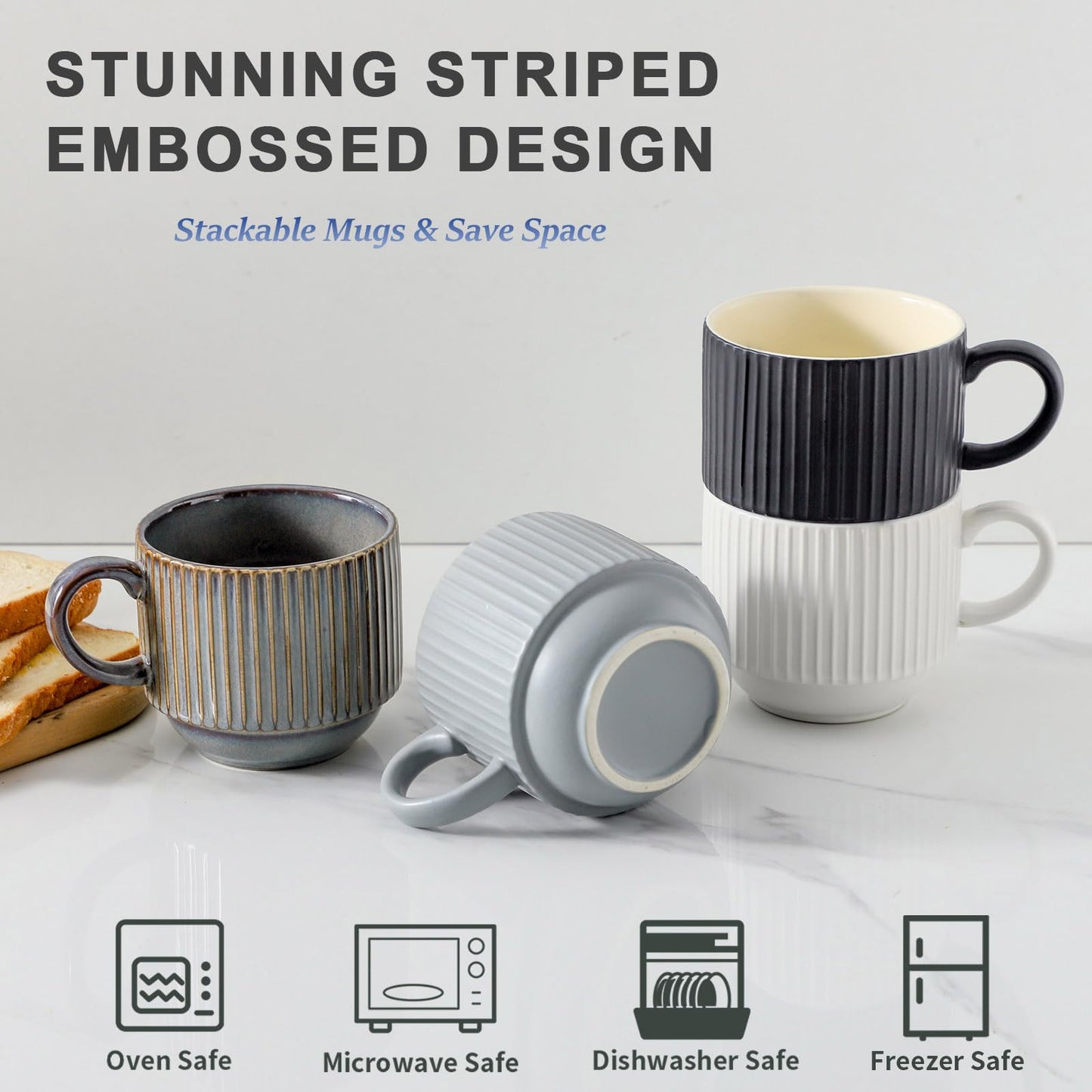 HASENSE 15 oz Ribbed Stackable Coffee Mug Set of 4, Porcelain Latte Cups with Metal Rack, Dishwasher & Microwave Safe, Cappuccino Tea Hot Cocoa, White BST220
