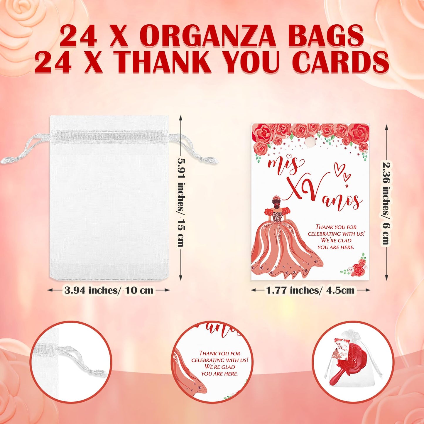 Sintuff 24 Set Rose Compact Mirrors Bulk Quinceanera Wedding Party Favors for Guests Rose Design Compact Mirrors Thank You Cards with White Organza Bags for 15 Birthday Wedding Party Favors(Purple) BST202