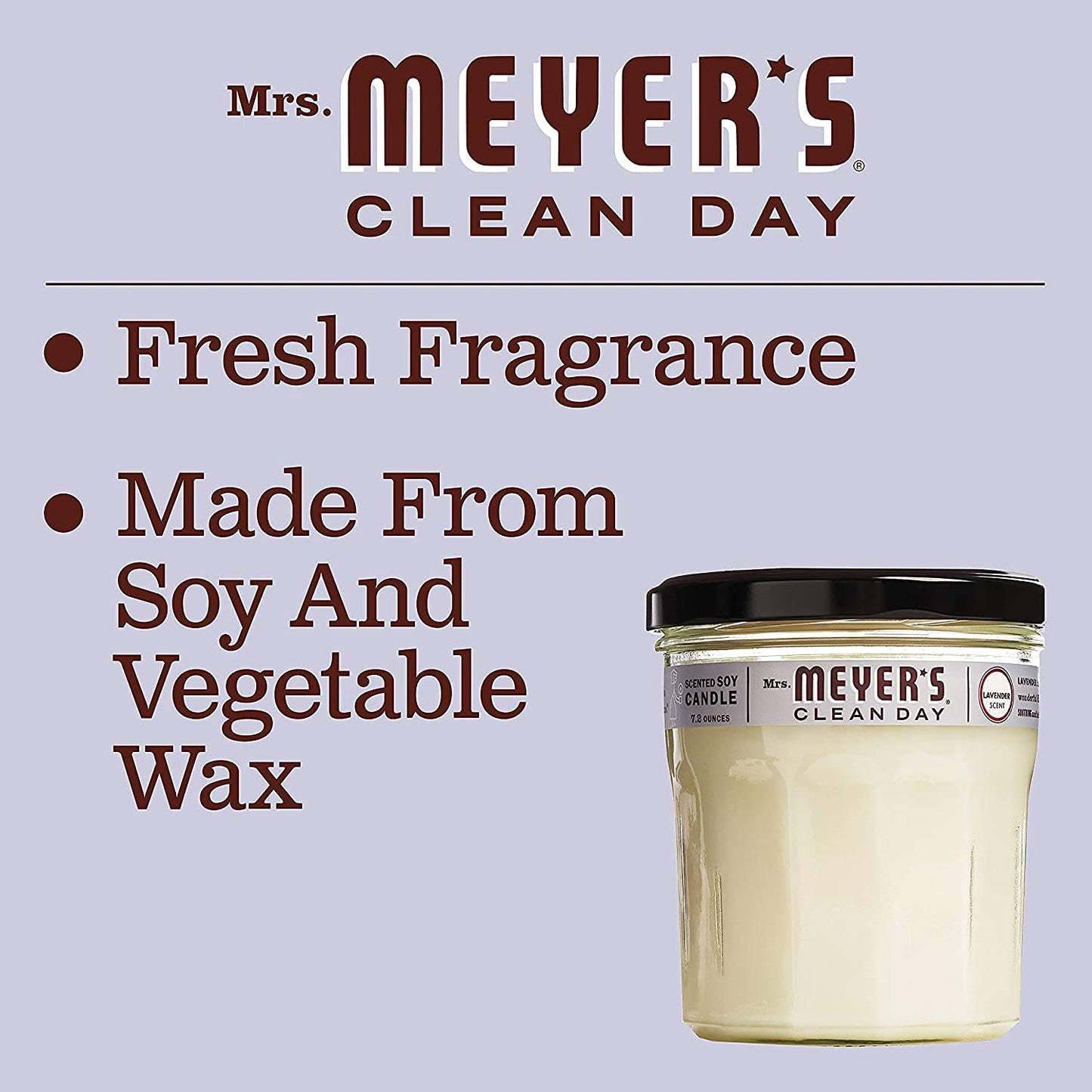 MRS. MEYER'S CLEAN DAY Scented Soy Aromatherapy Candle, 35 Hour Burn Time, Made with Soy Wax, Lavender, 7.2 oz