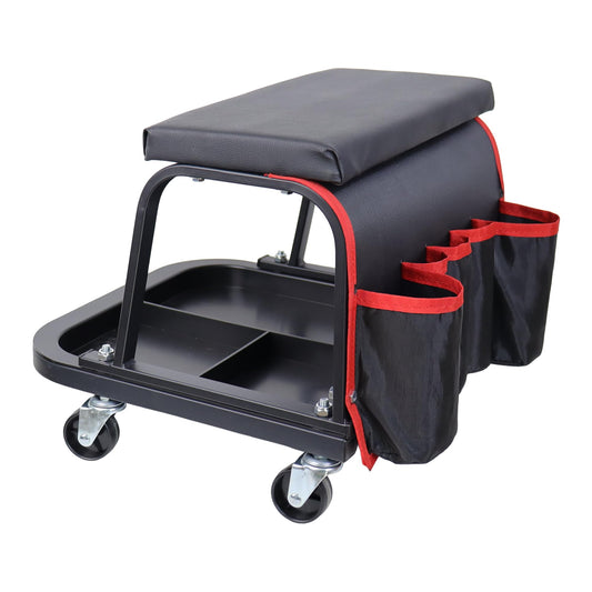 Rolling Mechanic Garage Stool on Wheels with Padded Cushion, Tool Tray Storage and Side Pockets, 300 LBS Capacity, Red BST220